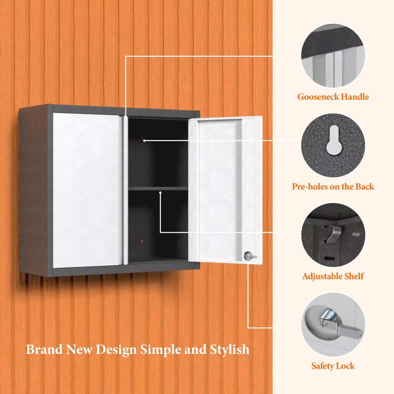 Steel Wall Mounted Storage Cabinet with Lock - 2 Doors & 1 Adjustable Shelf | Heavy Duty Metal Garage Cabinet for Home, Office & Workshop Organization | Perfect for Tools, Supplies & Equipment Storage