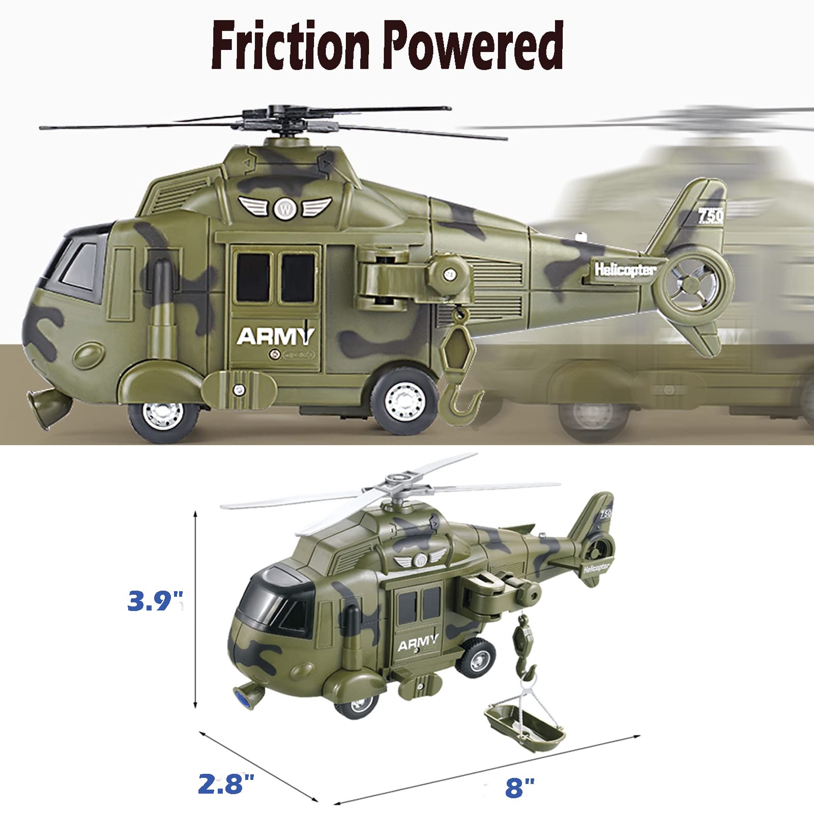 Military Helicopter Toy with Lights & Sound - Friction Powered Army Rescue Vehicle for Boys Kids Ages 3+ | Best Gift for Toddlers | Outdoor Play, Birthday Party & Role Play Scenarios