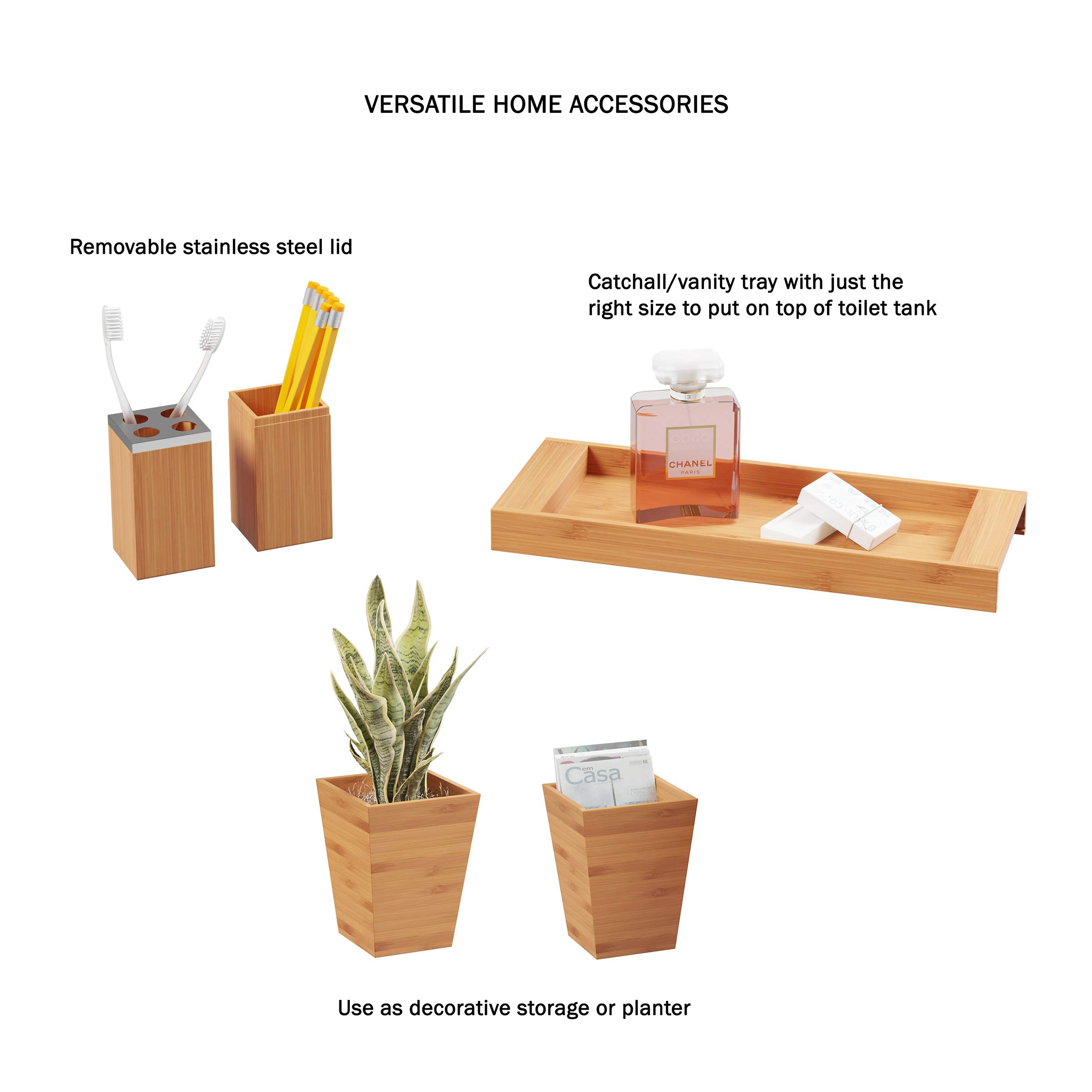 5-Piece Bamboo Bathroom Decor Set - Eco-Friendly Vanity Organizer with Waste Bin, Soap Dish, Dispenser & Toothbrush Holder by Lavish Home | Perfect for Spa-Style Bathrooms, Guest Suites & Modern Home Decor (Natural)