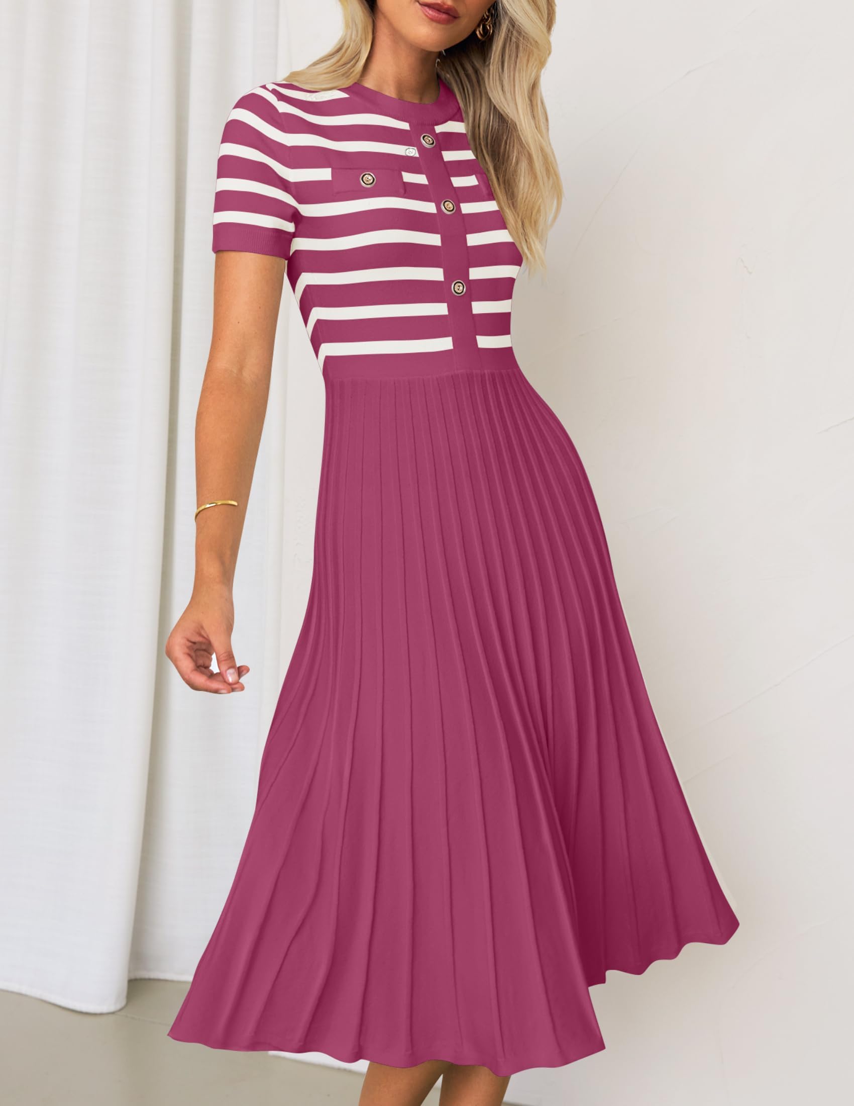 ZESICA Women's 2025 Casual Striped Midi Dress - Crewneck Short Sleeve Button Down Ribbed Knit Swing Pleated A-Line Dress for Spring Summer Office Work Party Vacation