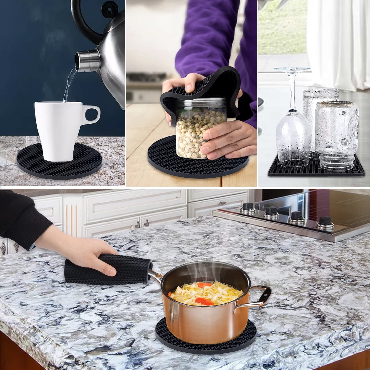 4 Pack Black Silicone Trivets for Hot Pots & Pans - Heat Resistant Non-Slip Kitchen Mats - Pot Holders, Drying Mats & Jar Openers - Perfect for Countertops, Dining Tables & Outdoor Cooking