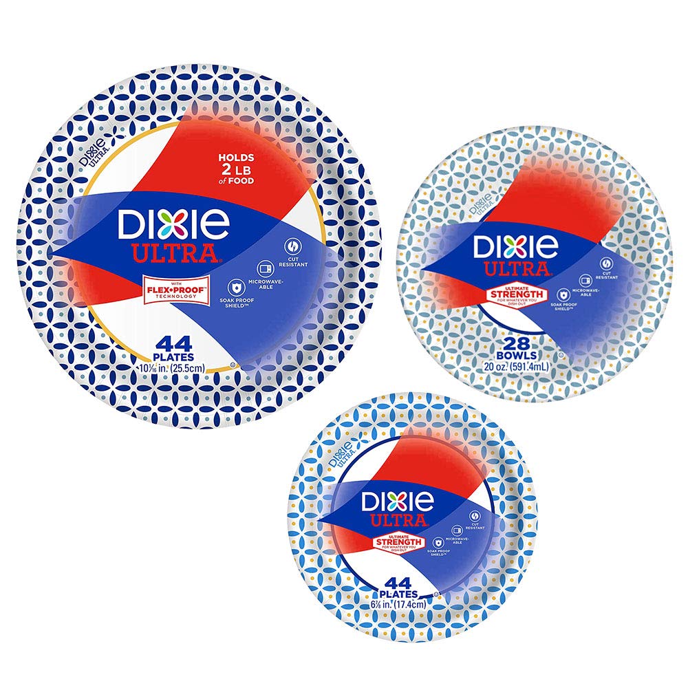 Dixie Ultra Heavy Duty Paper Plates & Bowls Combo - 44 Large Plates, 44 Small Plates, 28 Bowls | Disposable Dinnerware for Parties, BBQs, Picnics & Family Gatherings