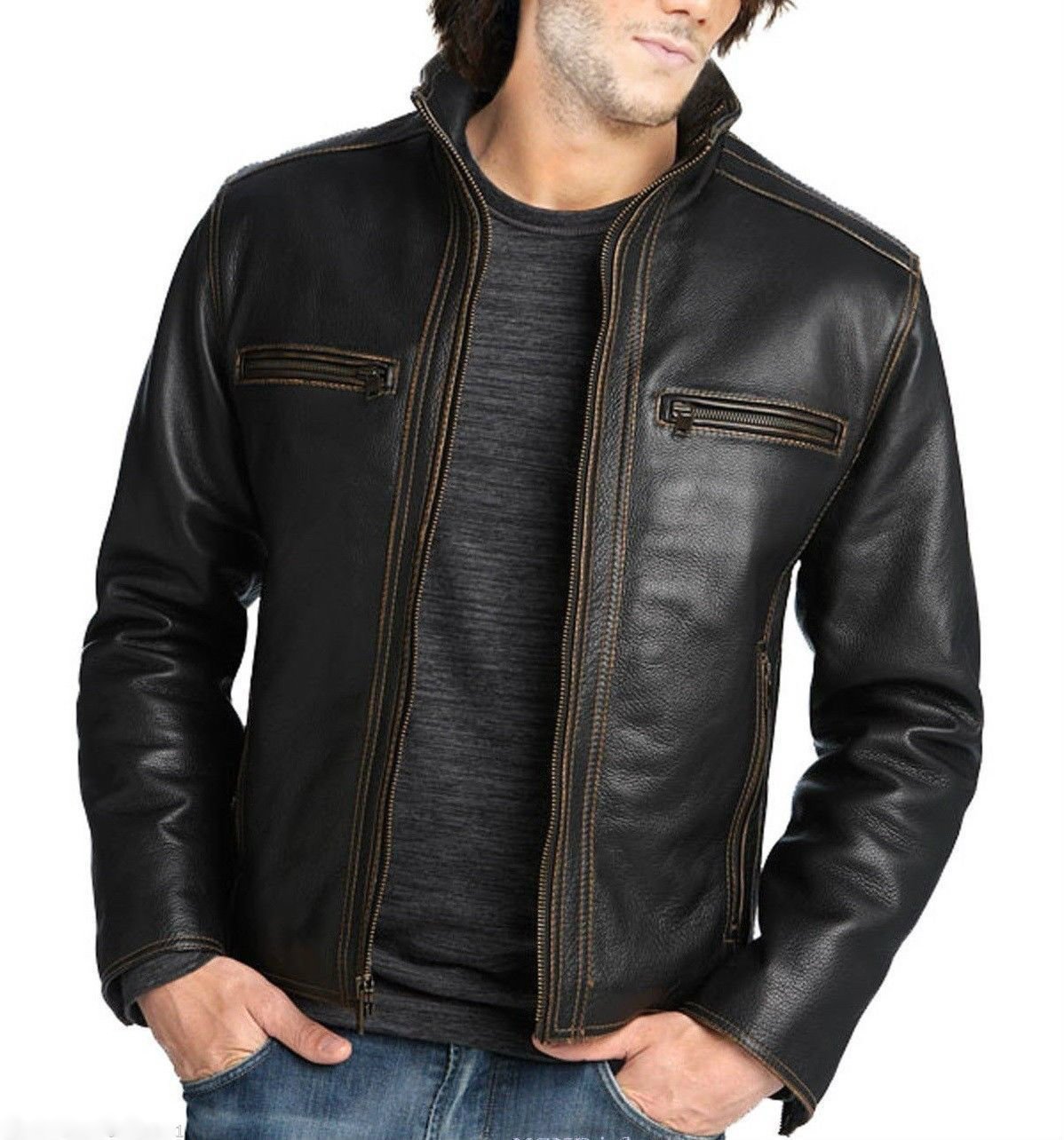 Distressed Moto Leather Jacket for Men - Thick Biker Jacket with Contrast Stitching | Vintage Motorcycle Outerwear for Riding & Casual Wear