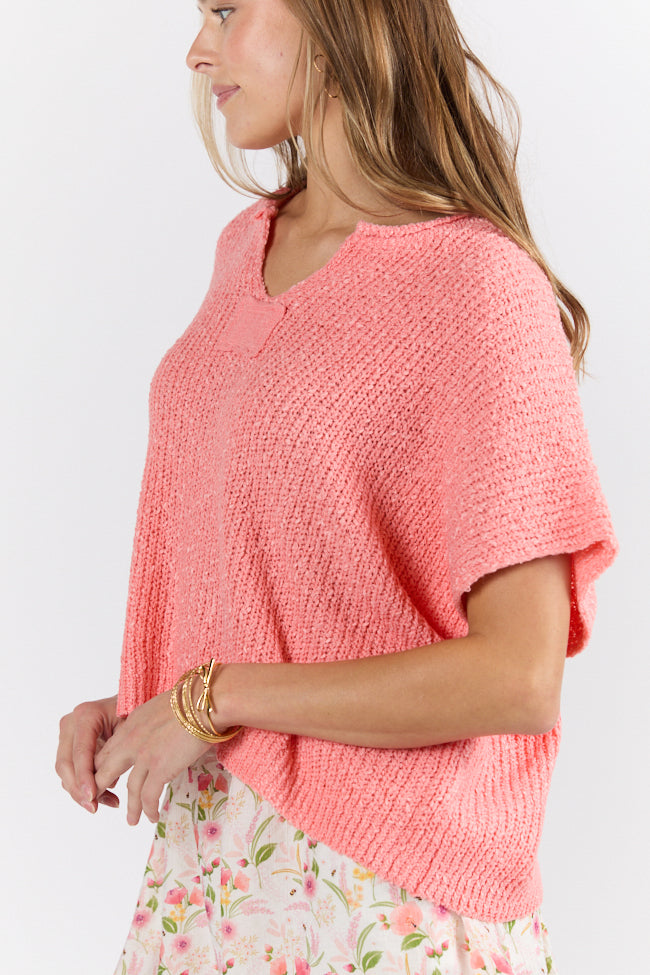 Coral Short Sleeve Textured Lightweight Sweater for Women - Breathable Summer Knit Top - Perfect for Beach Outings & Casual Wear