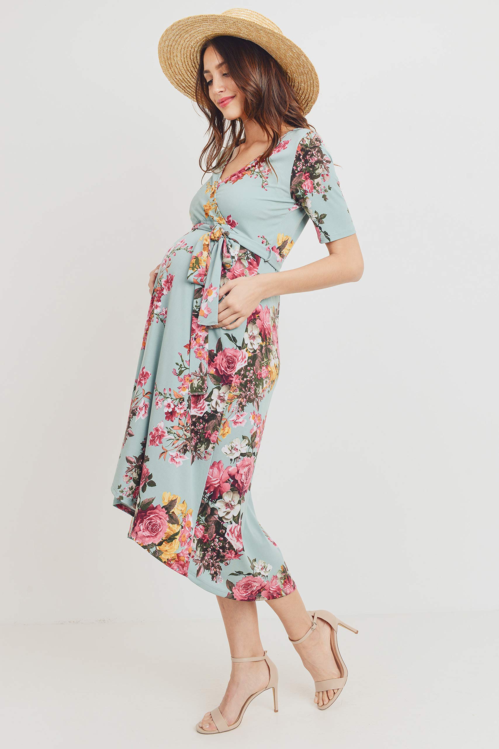 Maternity Wrap Dress for Women - Stretchy Mid-Length Nursing Dress with Adjustable Waist Belt | Perfect for Pregnancy, Breastfeeding & Postpartum Wear