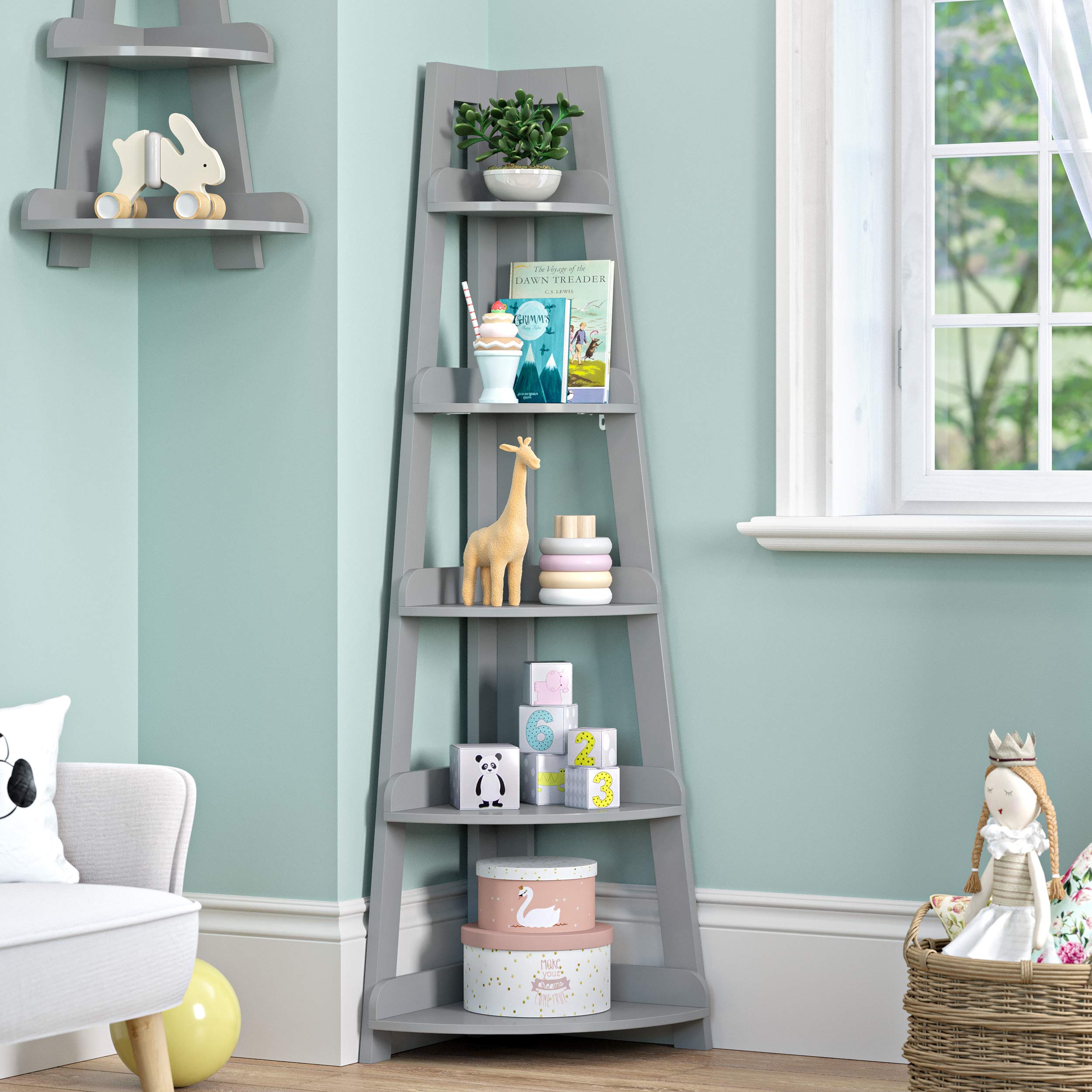 RiverRidge 5-Tier Corner Ladder Bookshelf for Kids - Space Saving Gray Bookshelf with Open Shelves for Books, Toys & Decor | Perfect for Bedroom, Playroom & Classroom Organization