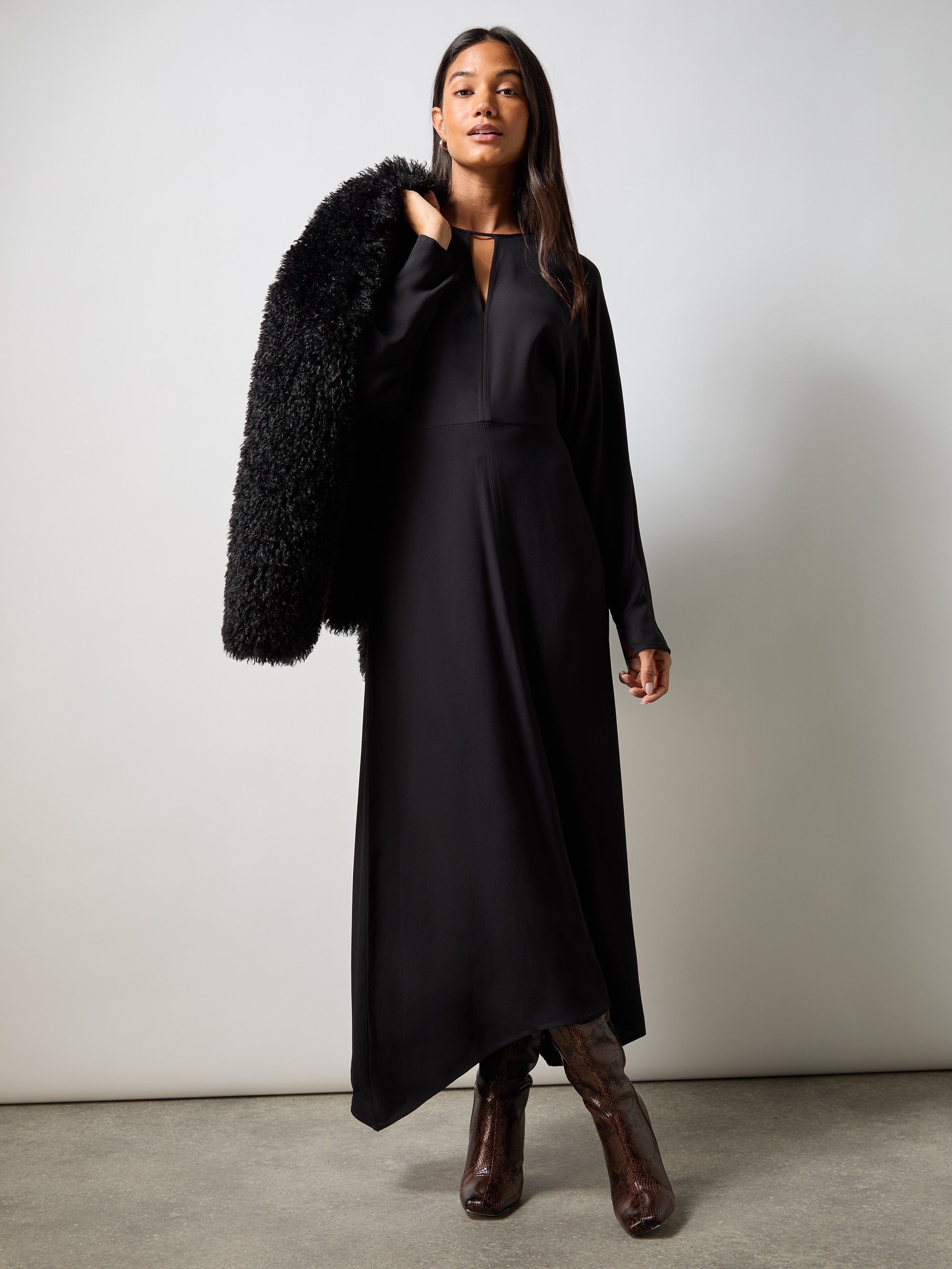 Elegant Petite Black Crepe Keyhole Midi Dress for Women - Perfect for Cocktail Parties, Date Nights & Office Wear