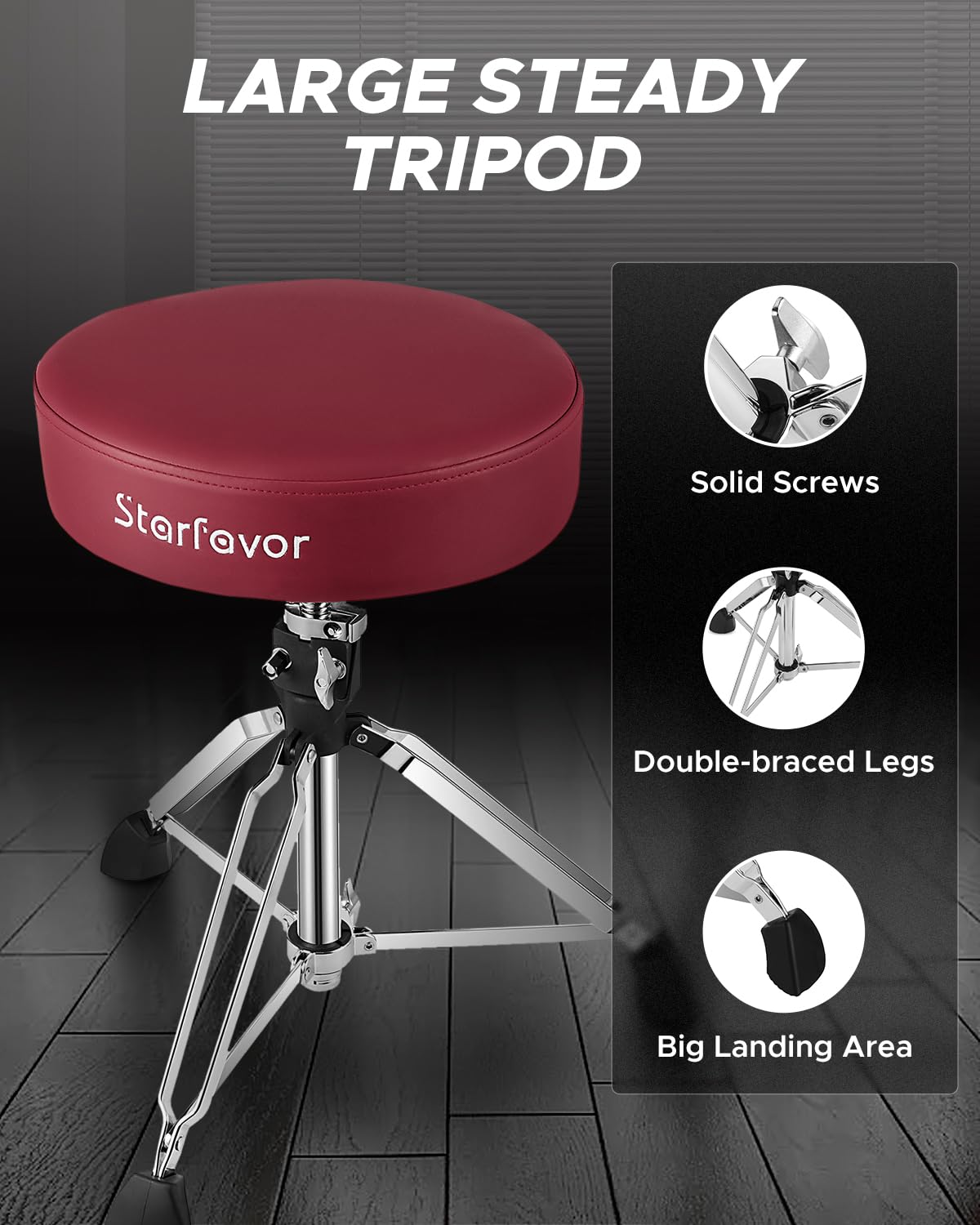 Starfavor Adjustable Drum Throne - Padded Rotatable Drum Stool with Double Braced Anti-Slip Feet, Comfortable Drum Seat for Drummers (Crimson Red, ST-650 Stone) - Perfect for Home Studios, Live Performances & Practice Sessions