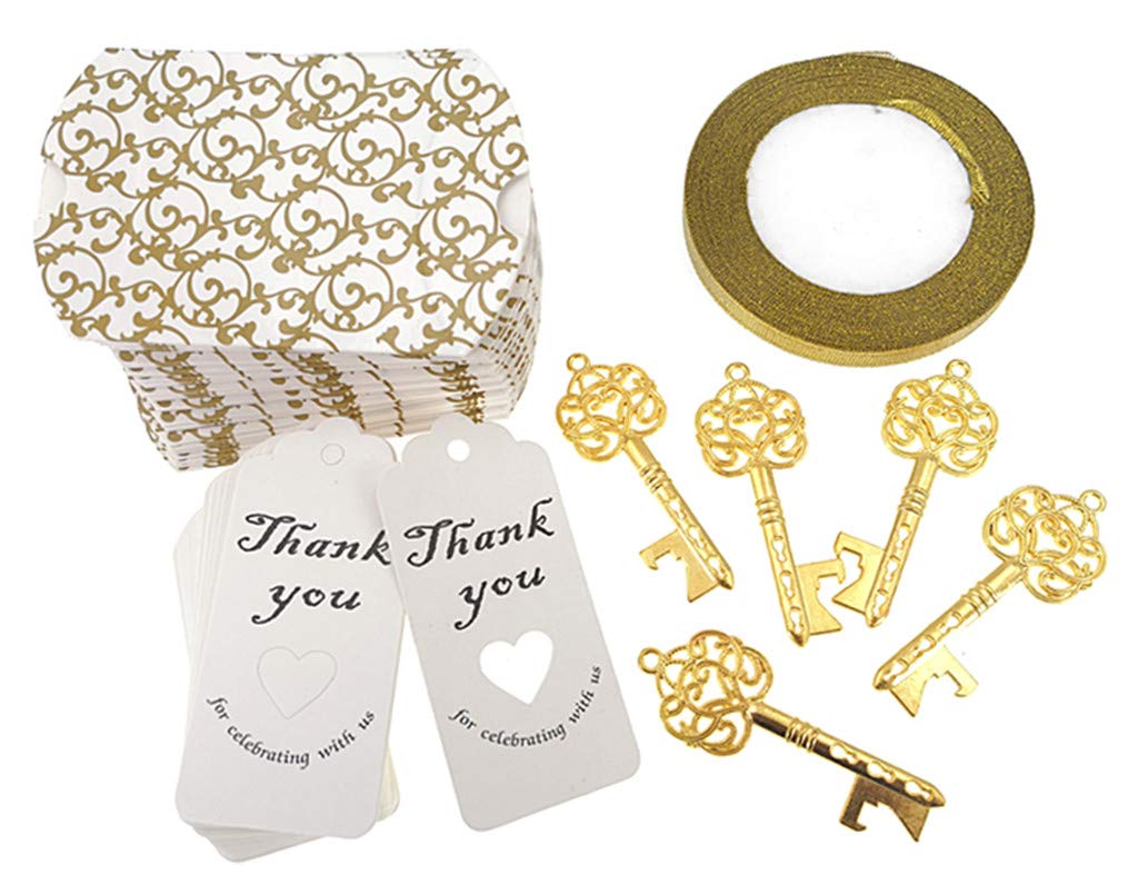 ALMITOPIA 50pcs Vintage Skeleton Key Bottle Opener Set - Elegant Gold Tone Wedding Party Favors with Candy Box & Ribbon - Perfect for Bridal Showers, Anniversary Gifts & Unique Souvenirs