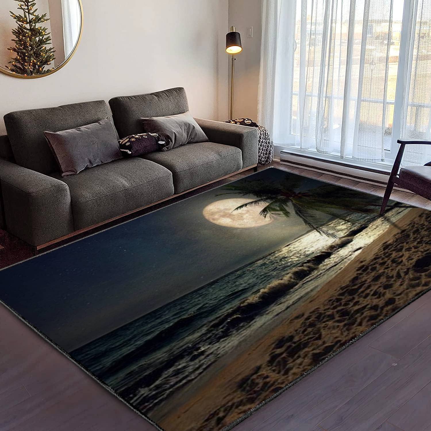 3D Beach & Full Moon Plush Soft Area Rug - Non-Slip Shaggy Carpet for Living Room, Bedroom, Nursery & Kids Playroom - Modern Home Decor (5x8 Ft) - Perfect for Cozy Spaces & Boho Chic Interiors