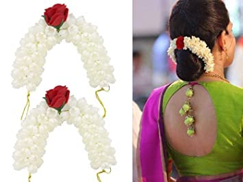 NANDANA COLLECTIONS Designer Reusable Mogra Gajra Floral Hair Accessory with Rose for Women & Girls - Perfect for Weddings, Parties & Traditional Occasions