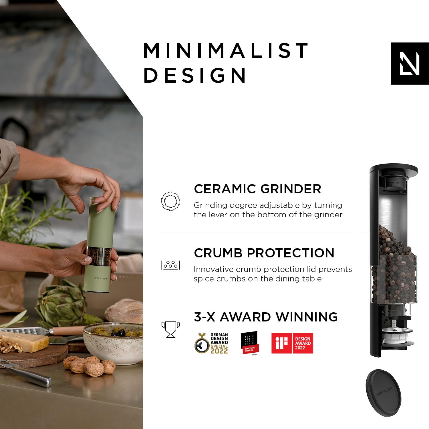 Premium LARS NYSØM Salt and Pepper Grinder Set - 2 Piece Adjustable Ceramic Mill with Ergonomic Design - Manual Spice Grinder for Kitchen, Dining Table & Gourmet Cooking (Black/White)