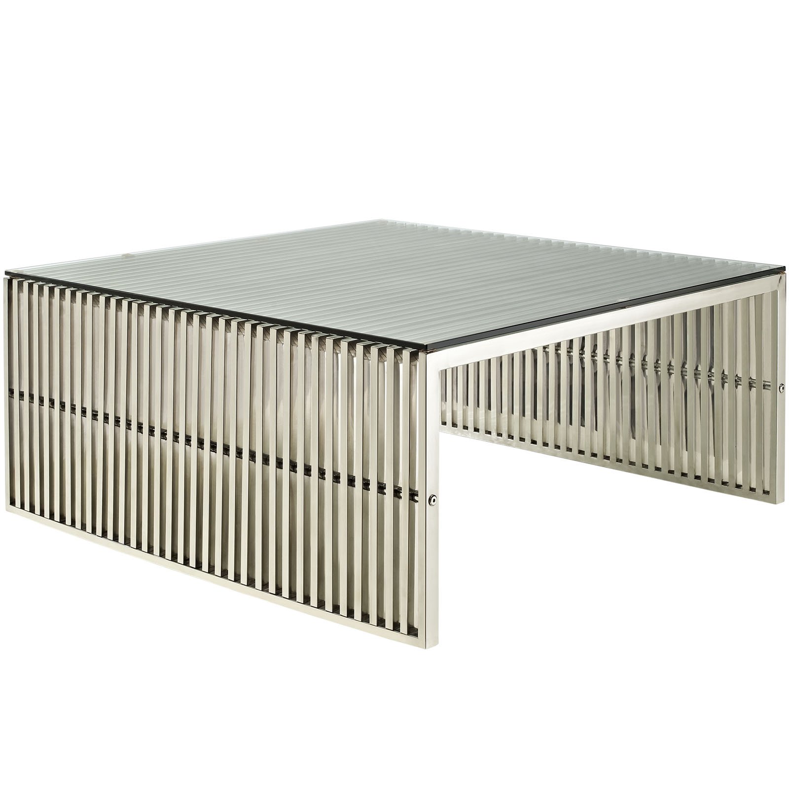 Modway Gridiron Modern Stainless Steel Coffee Table with Tempered Glass Top - Perfect for Living Room, Lounge & Office Decor