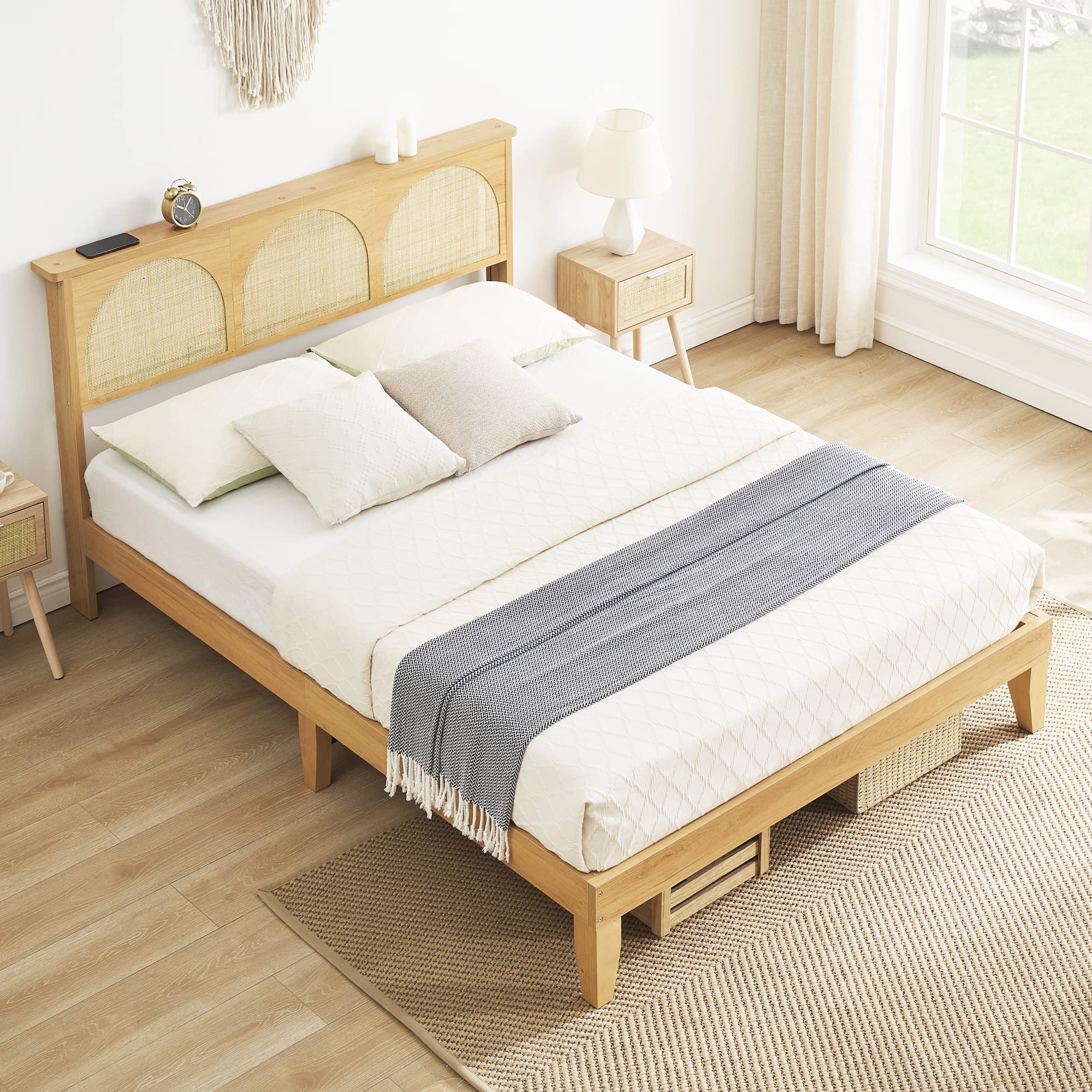 GARVEE 12.4 Inch Deluxe Solid Wood Queen Size Bed Frame with LED Lights & Rattan Headboard - Modern Wooden Legs Platform Bed, No Box Spring Needed, Easy Assembly - Perfect for Master Bedroom, Guest Room & Modern Home Decor