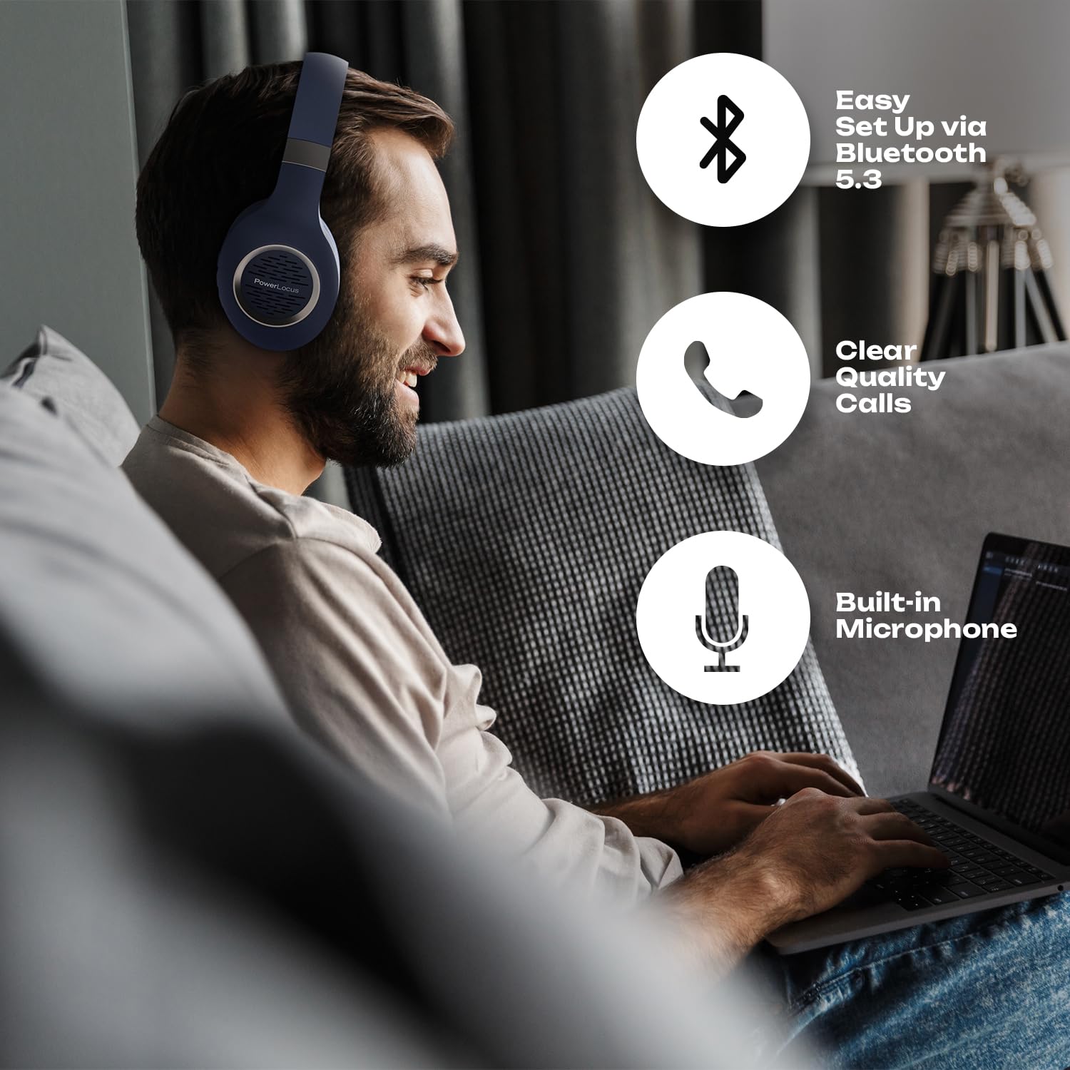 PowerLocus Wireless Over-Ear Bluetooth Headphones with Hi-Fi Stereo & Deep Bass, Foldable Design with Soft Earmuffs & Built-in Mic - Wireless/Wired Headset for iPhone, Android, PC, Gaming, Travel & Office Use