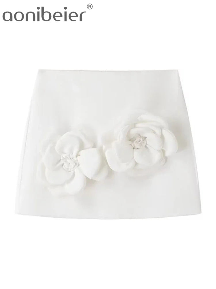 Y2K Mini Skirt Set for Women - Floral Applique Sleeveless Crop Top & Extreme Short Skirt Summer Outfit (White) | Perfect for Music Festivals, Beach Vacations & Streetwear Fashion