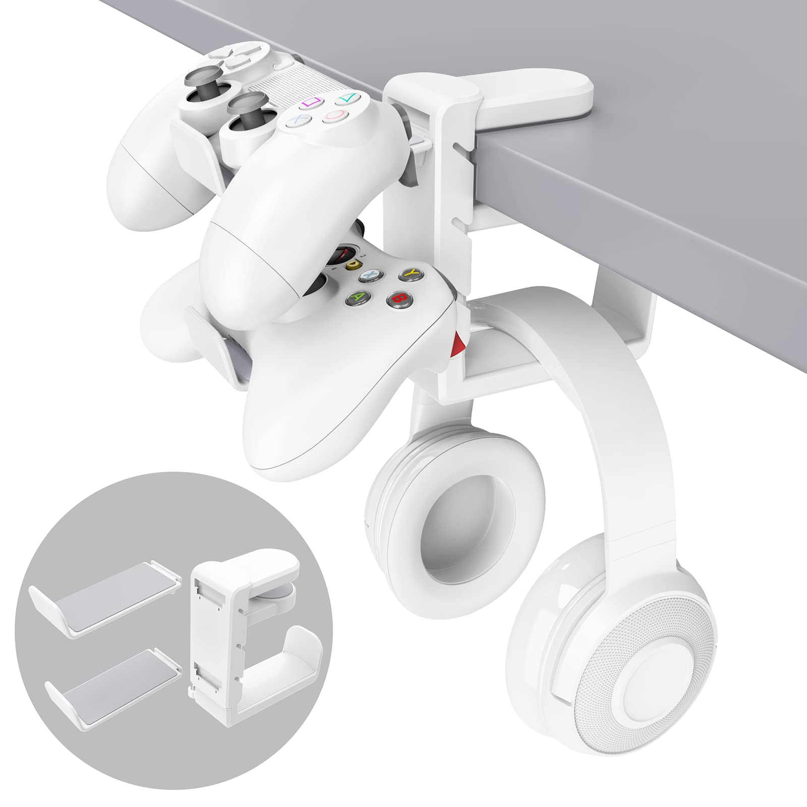3-in-1 PC Gaming Headset & Controller Stand with Adjustable Clamp, Rotating Arm & Cable Management - Universal Gaming Accessory for PS5, Xbox & PC (White) - Perfect for Organized Gaming Setup & Streamer Stations