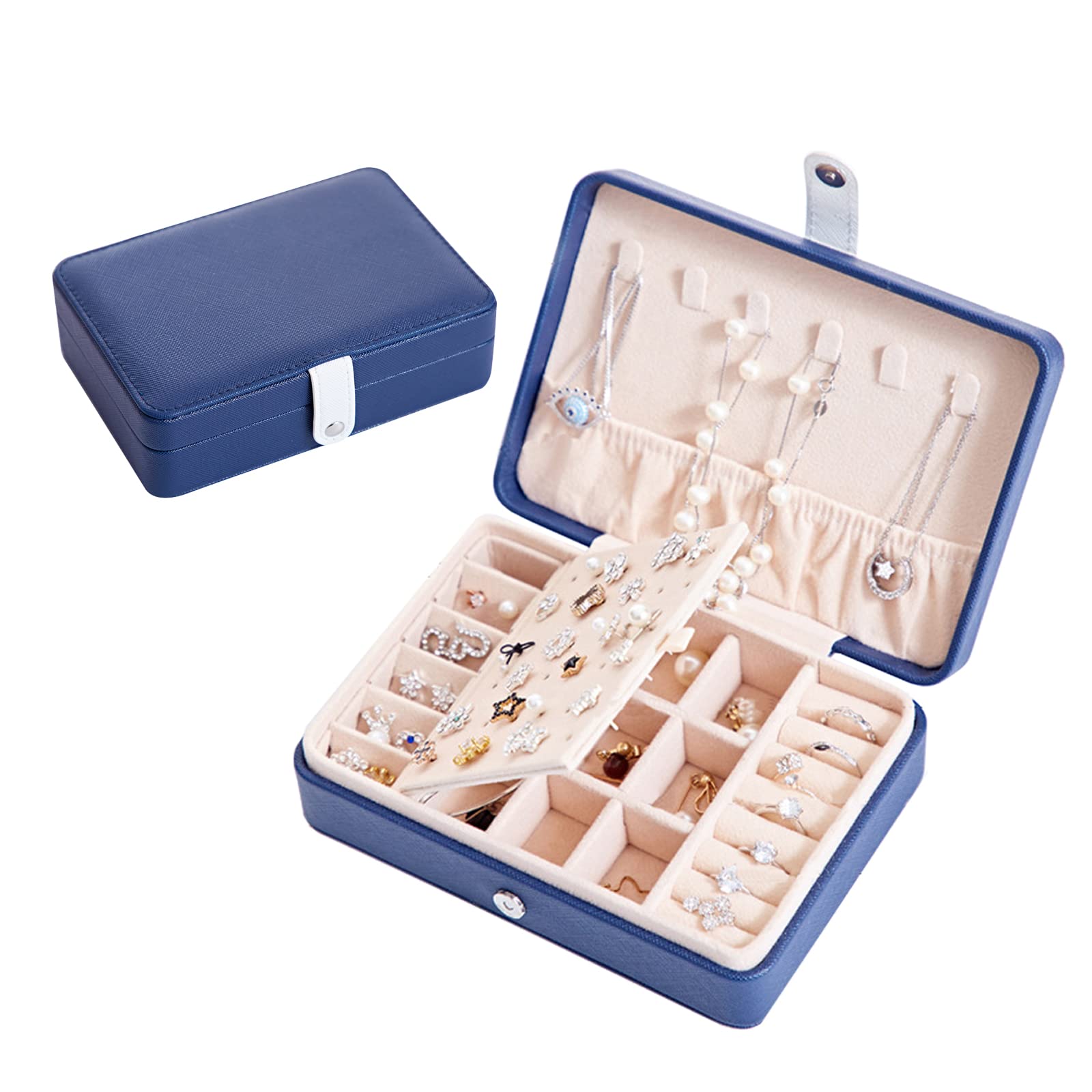 Double Layer Travel Jewelry Organizer Box - Small Jewelry Case for Necklace & Ring Storage - Portable Mini Jewelry Organizer for Women & Girls - Perfect Gift for Travel, Home & Office Use (Sky Blue)