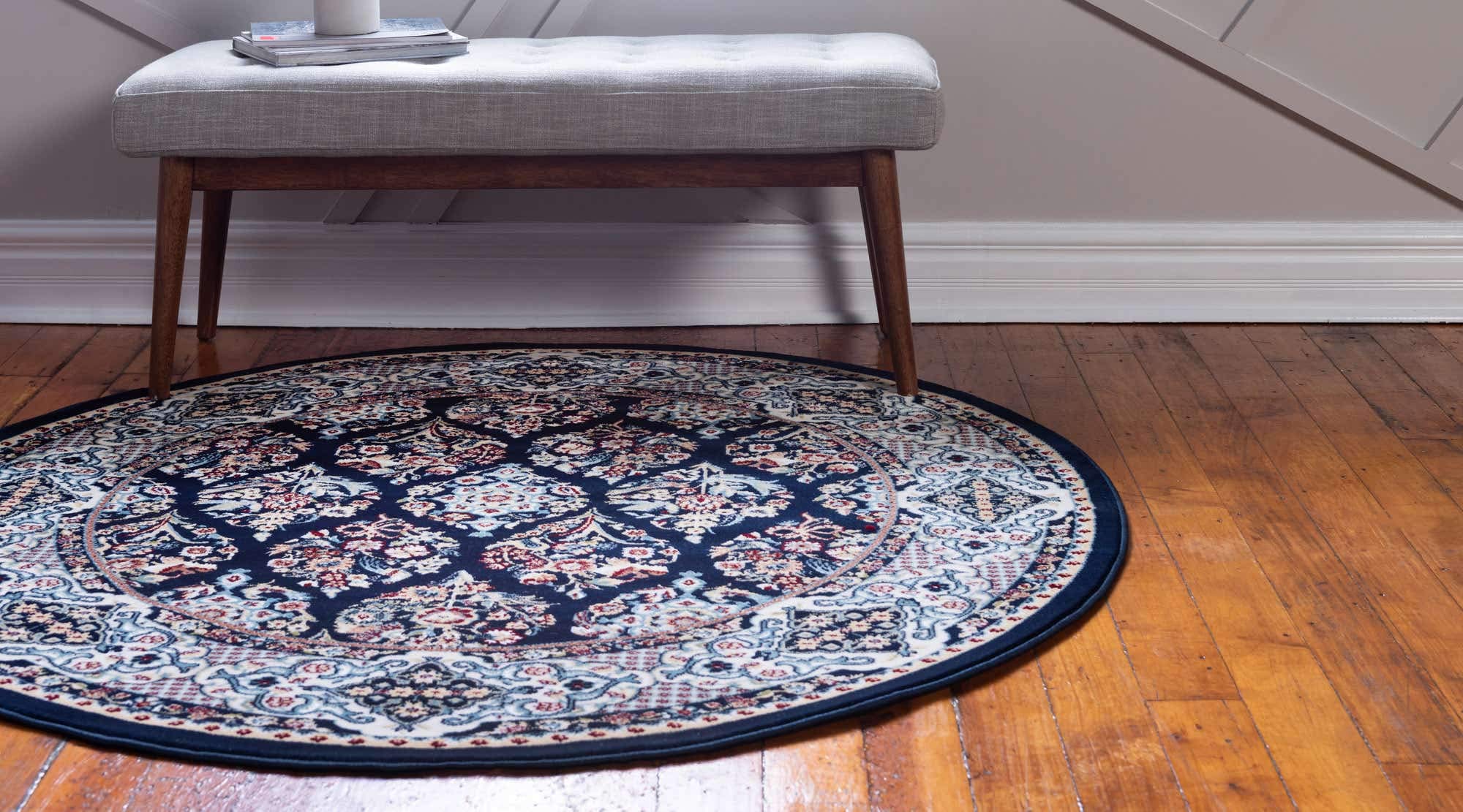 Unique Loom Narenj Collection Classic Traditional Textured Repeat Design 10' Round Area Rug in Navy Blue & Beige - Perfect for Living Room, Bedroom, or Dining Room Decor