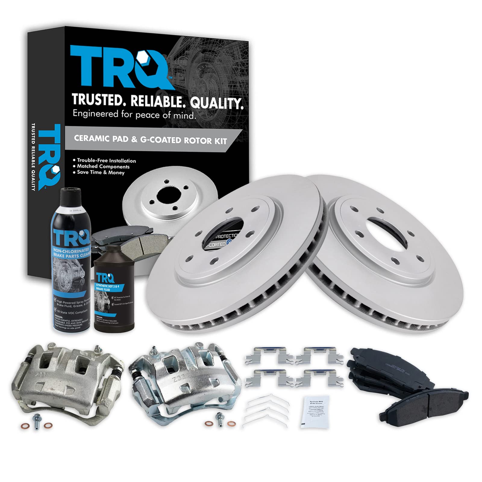 Premium TRQ Front Brake Pad & Rotor Kit with Caliper & Chemical Kit - Ceramic G-Coated Brakes for 2005-2018 Nissan Frontier & 2009-2012 Suzuki Equator - Perfect for Off-Roading & Heavy-Duty Towing