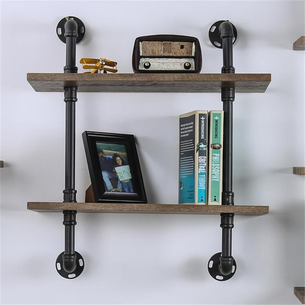 Industrial Wood Wall Shelf - 2-Tier Rustic Floating Shelf for Living Room, Bedroom & Kitchen - Natural Finish Home Decor Storage Solution