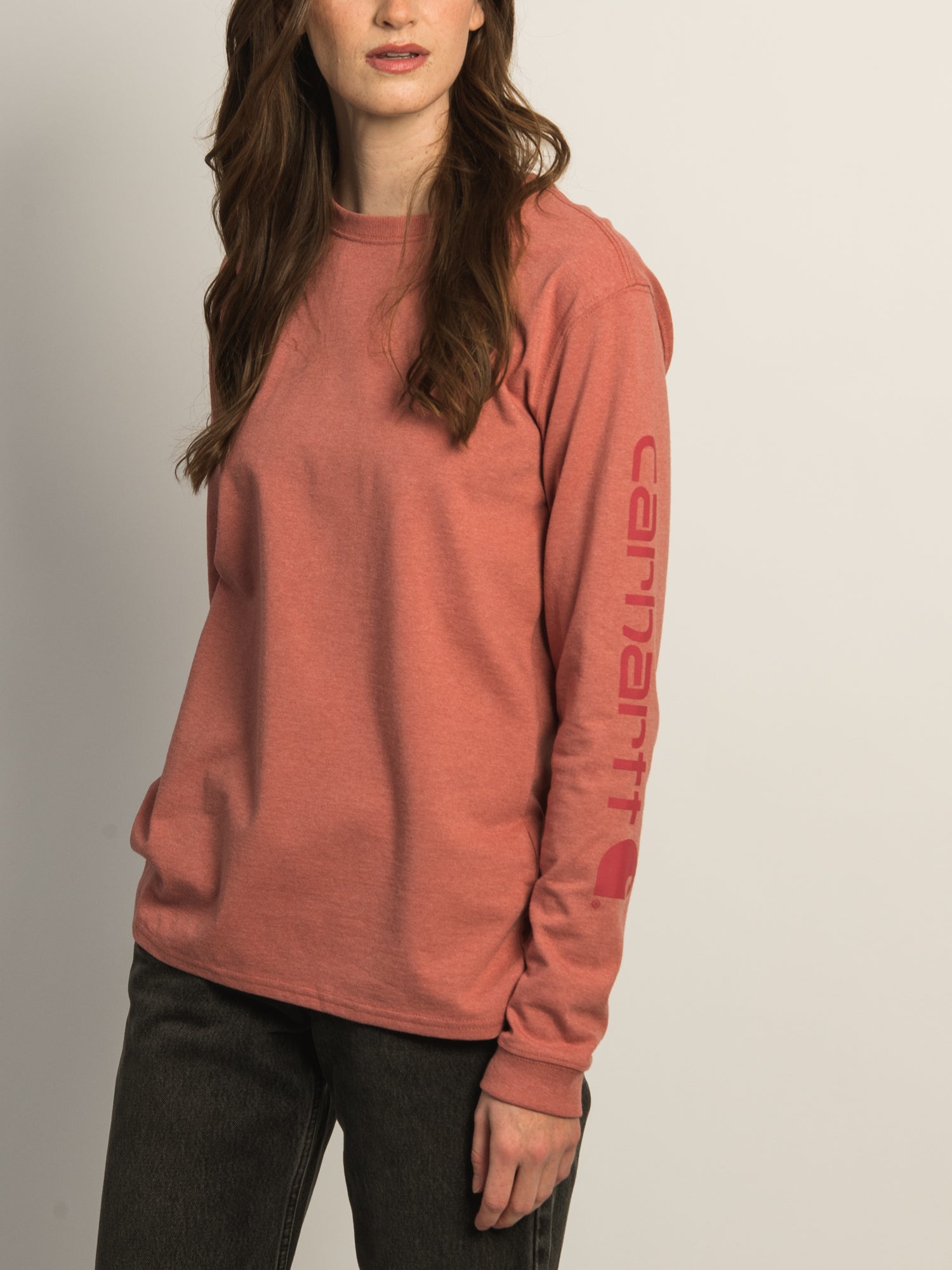 Carhartt Men's Long Sleeve Logo T-Shirt - Rose Pink Cotton Crewneck Tee for Work, Casual Wear & Outdoor Activities