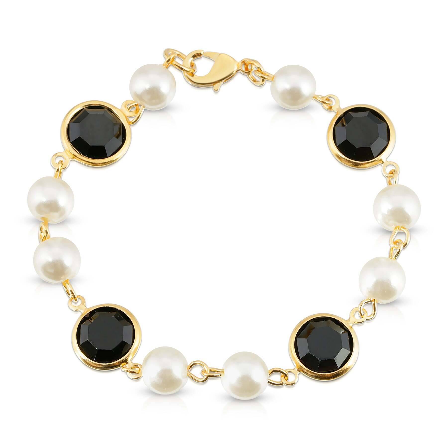 1928 Jewelry Channel Austrian Crystal & Faux Pearl Link Bracelet for Women - Elegant Vintage Style Jewelry for Parties, Weddings & Special Occasions