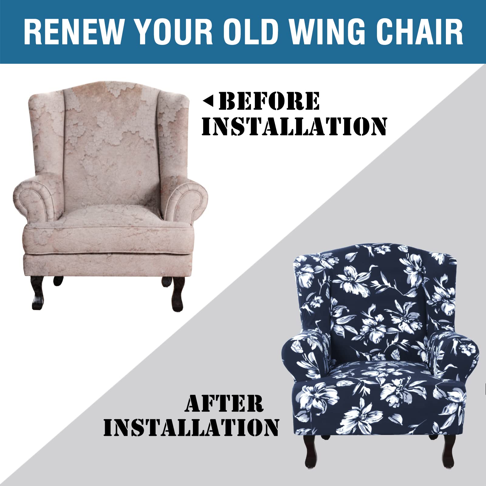 Floral Printed Wingback Chair Slipcover - Super Stretch Modern Style Wing Chair Cover with Elastic Bottom - 1-Piece Furniture Protector for Living Room, Bedroom, Office (Navy Blue)