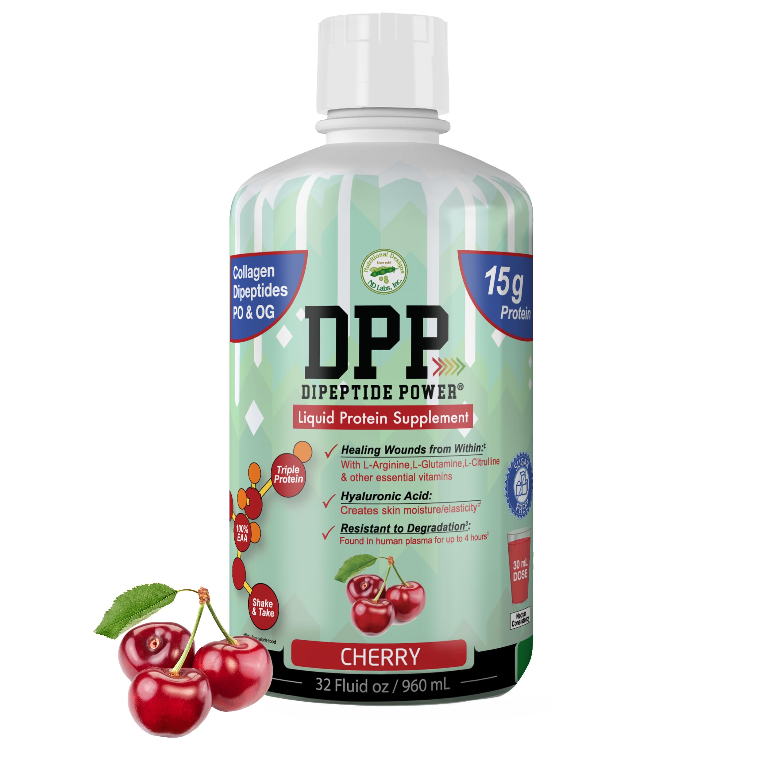 Nutritional Designs DPP Dipeptide Collagen & Whey Protein Supplement - Sugar-Free Wound Healing Liquid for Healthy Skin & Hair - Cherry Flavor 32 Fl Oz Bottle - Perfect for Post-Surgery Recovery & Daily Beauty Regimen