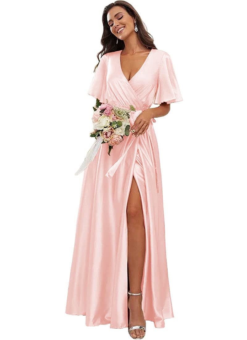 Elegant COEYOUES Women's Short Sleeve Bridesmaid Dress - A-Line V-Neck Satin Wedding Guest Dress with Thigh High Slit | Perfect for Bridal Party, Formal Events & Evening Occasions