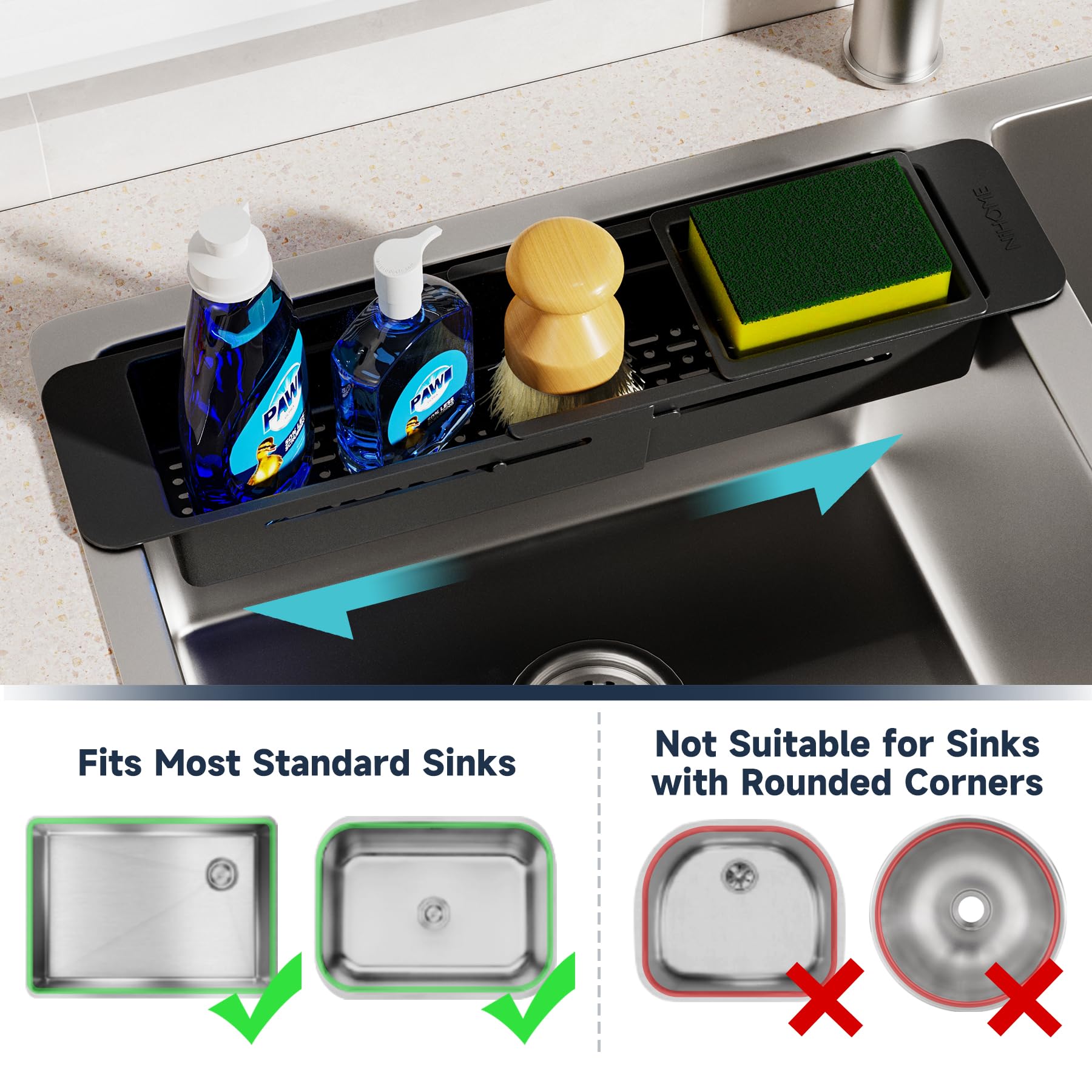 NiHome Extendable Over Sink Kitchen Organizer - Adjustable Sponge & Brush Holder with Non-Slip Pads, Telescopic Sink Caddy for Sponges, Dish Brushes - Durable ABS Material with Drainage Holes (Black) - Perfect for Small Kitchen Spaces, Apartment Sinks & Clutter-Free Countertops