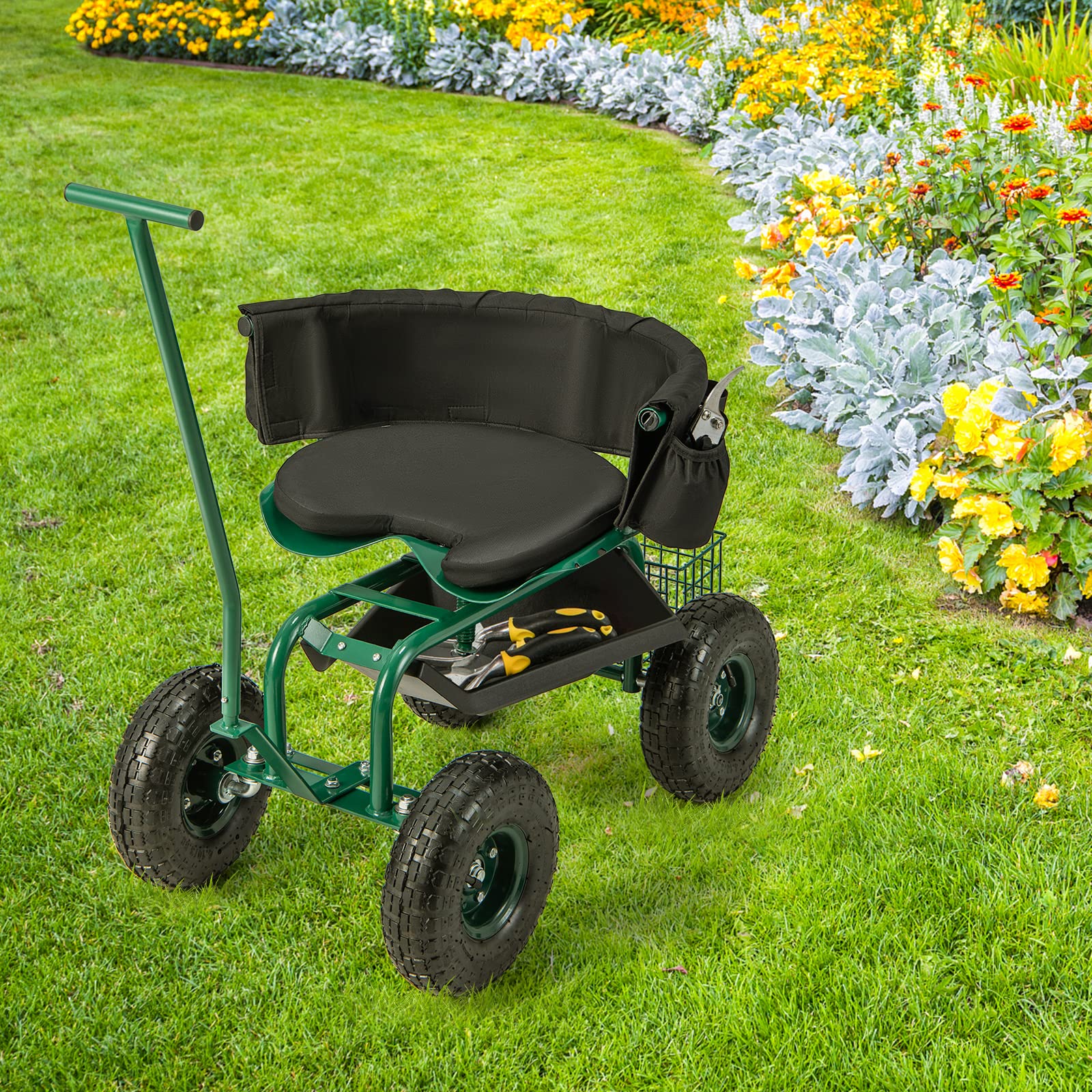 Goplus Rolling Garden Seat with Wheels - 360° Swivel Outdoor Gardening Cart with Tool Storage & 2 Steering Handles - Foldable Gardening Stool Wagon Scooter for Lawn, Patio & Yard Work - Perfect for Seniors & Elderly Gardeners (Ideal for Planting, Weeding & Landscaping)