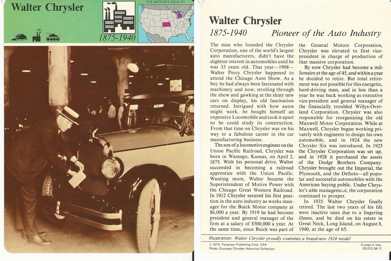 1979 Panarizon Story of America 34.11 Walter Chrysler Automobile - Vintage Collectible for History Buffs & Car Enthusiasts