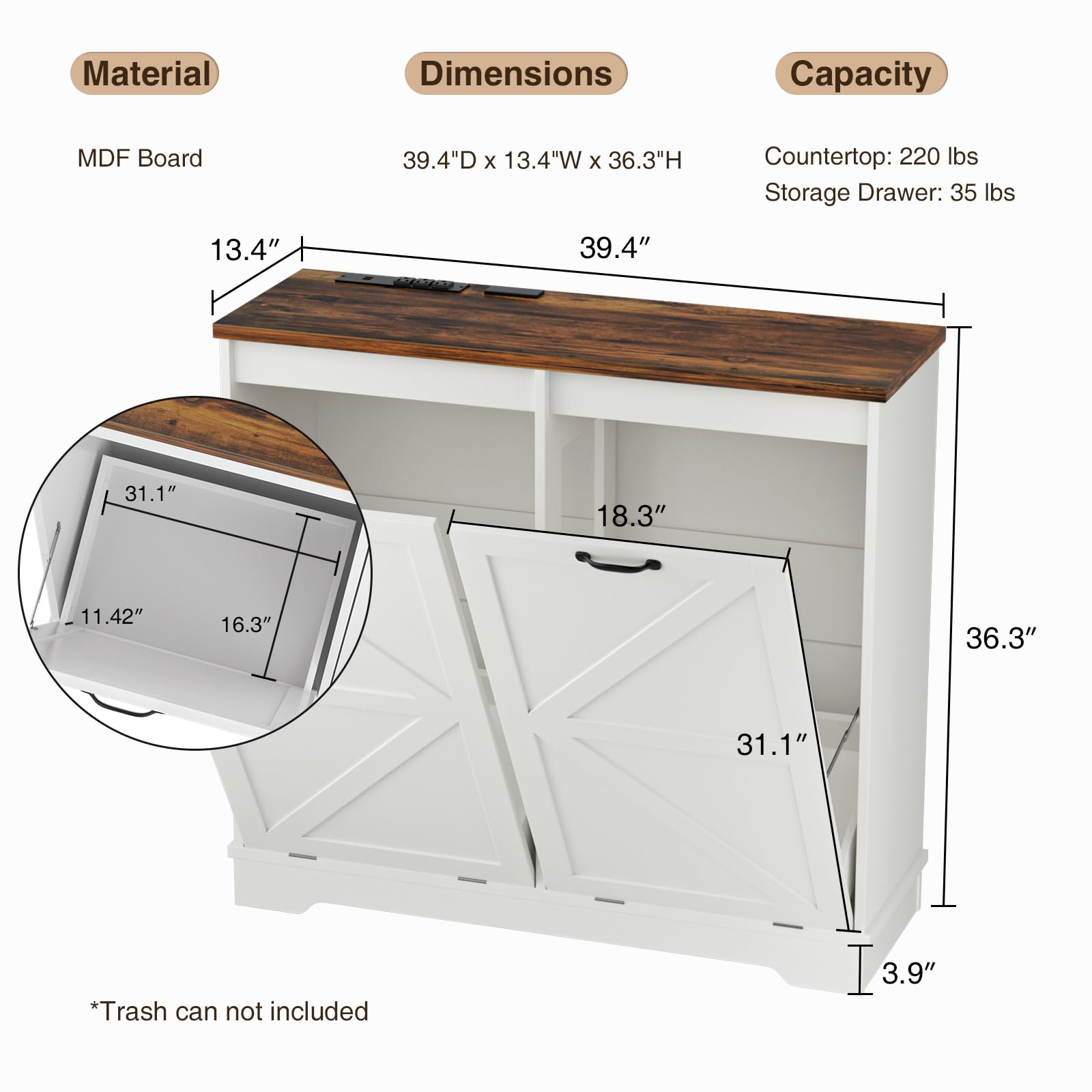 13 Gallon Double Tilt Out Trash Can Cabinet with Deodorizer - Farmhouse Style Hidden Garbage Bin Storage for Kitchen & Living Room - White Wooden Waste Bin Cabinet for Home Organization