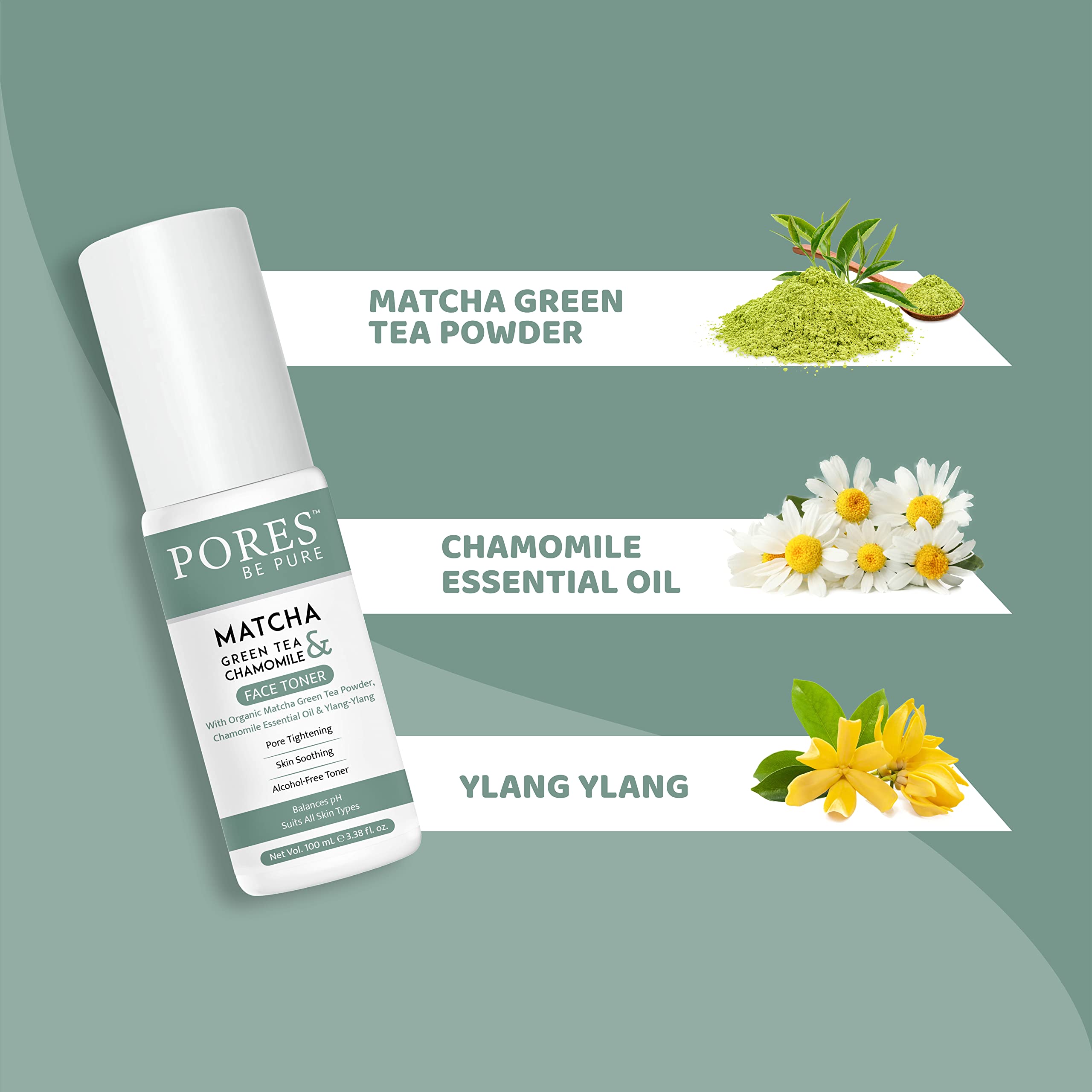 PORES Be Pure Green Tea Face Toner for Oily & Acne-Prone Skin | Alcohol-Free, Oil Control & Pore Minimizer | Gentle Exfoliating Toner for Clear Skin | Men & Women | 100mL | Perfect for Daily Skincare Routine & Post-Workout Refresh