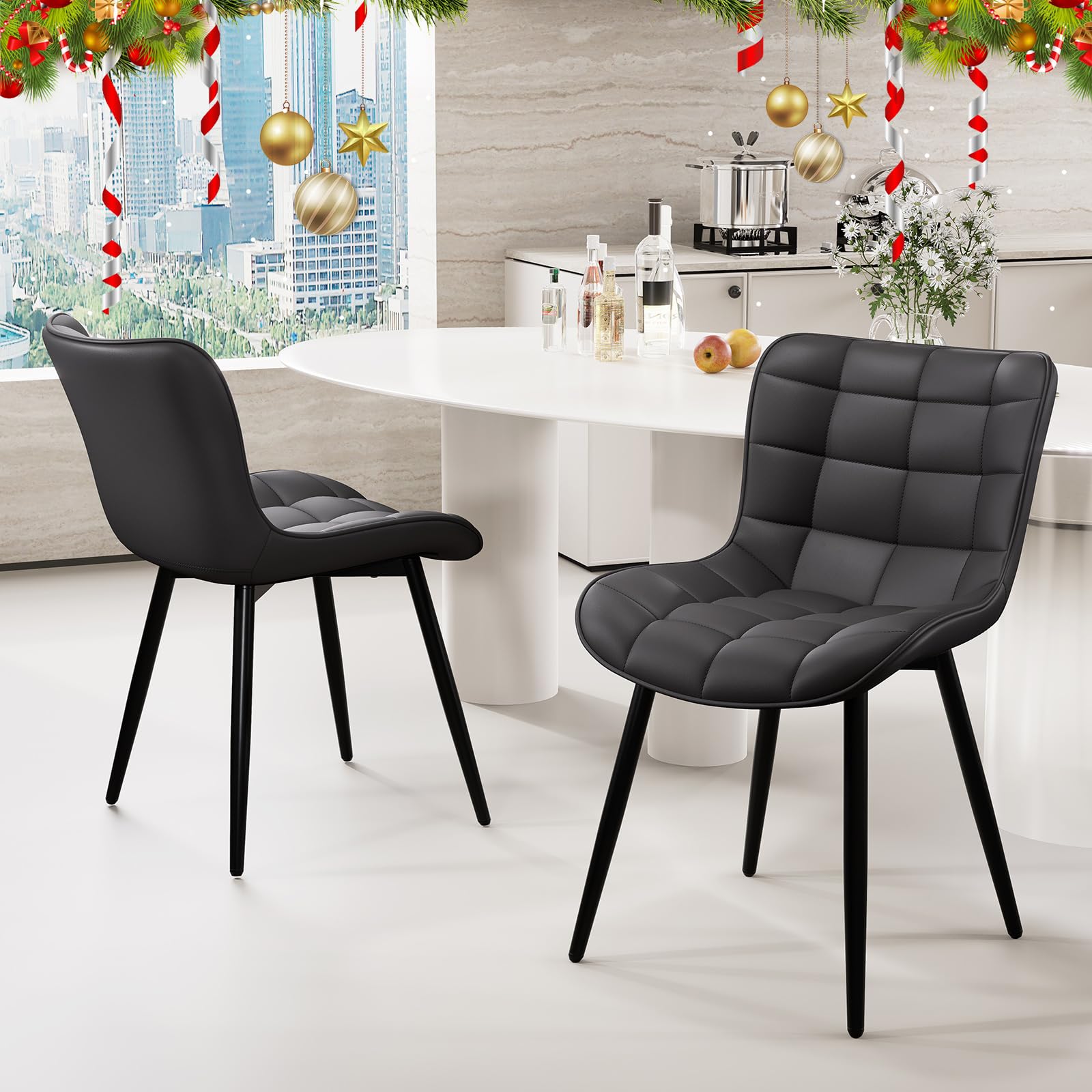 YOUTASTE Set of 2 Black Faux Leather Dining Chairs - Mid Century Modern Upholstered Armless Kitchen & Dining Room Chairs - Perfect for Home, Restaurant, and Office Use
