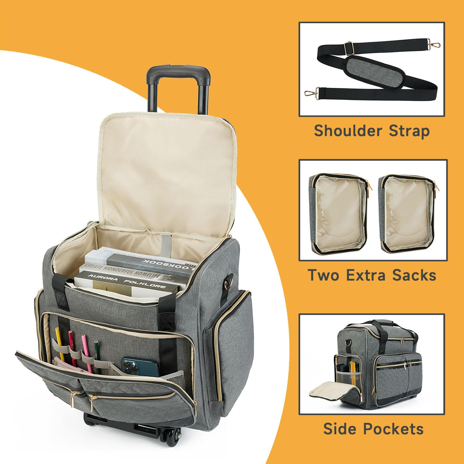 4-Wheel Rolling Teacher Bag for Women - Heavy Duty Art Tote with Detachable Dolly & Padded Laptop Sleeve Fits 15.6