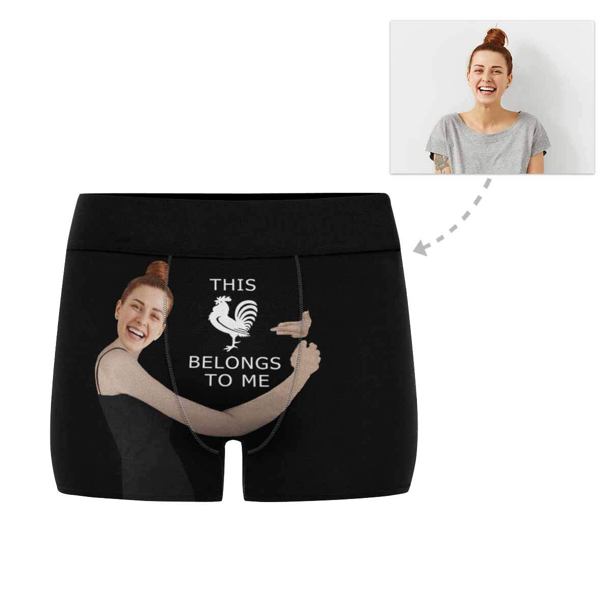 Custom Face Shorts - Personalized Underwear with Your Photo - This Cock Belongs to Me - Funny Novelty Gift for Him - Black (XS-3XL) - Perfect for Birthdays, Anniversaries & Bachelorette Parties