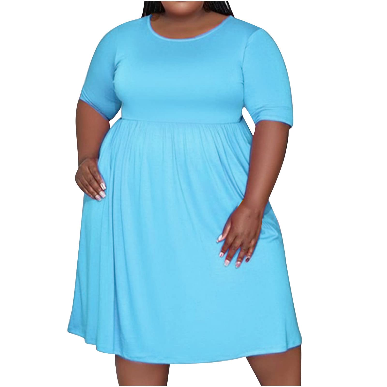 Women's Summer Short Sleeve Crewneck Mini Dress - Stretchy Elastic Waist, Pleated Swing Design - Plus Size Casual Tunic Dress for Beach, Party & Everyday Wear