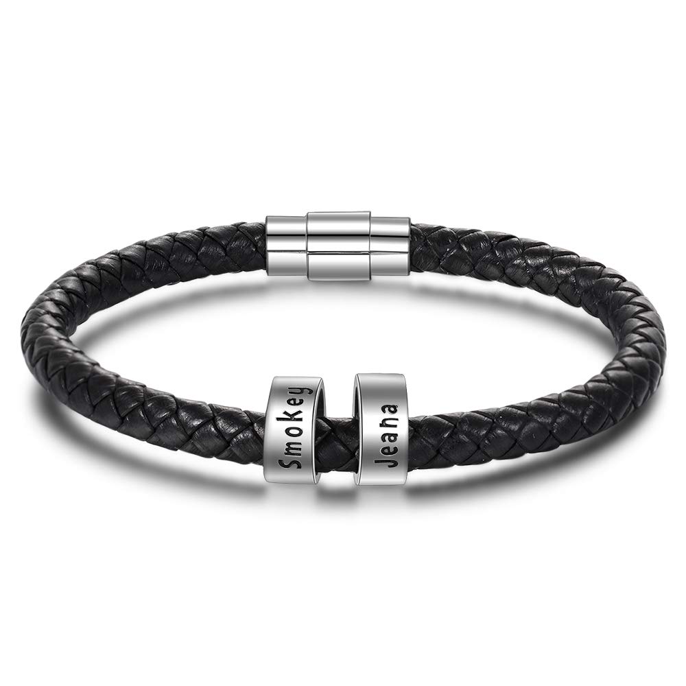 Personalized Men's Leather Bracelet - Custom Black Braided Bracelet with Small Beads & Family Name Engraving | Gift for Husband, Boyfriend, Father | Wedding, Anniversary, Birthday Present