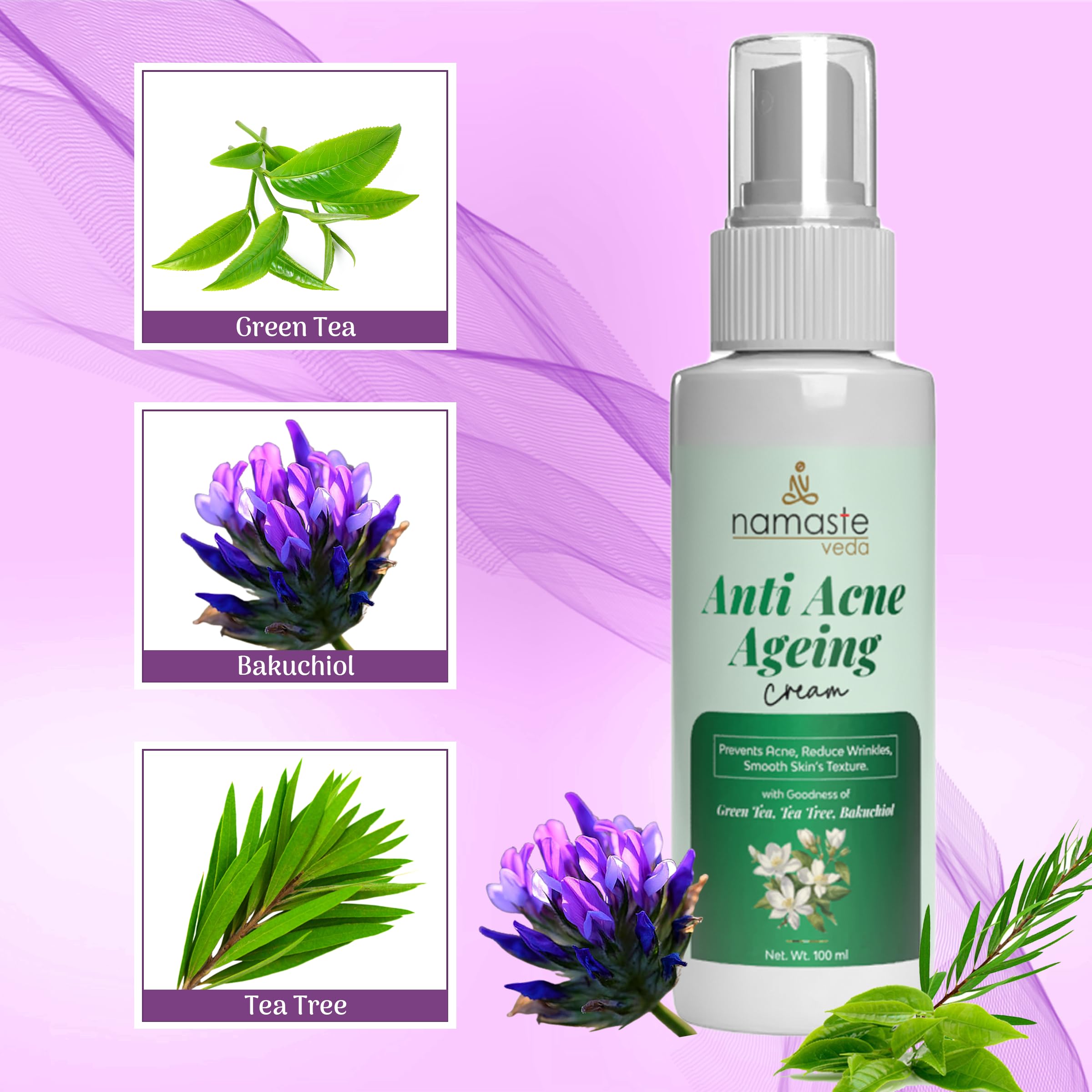 Oil-Free Anti-Acne Face Cream with Green Tea, Vitamin A, Tea Tree & Bakuchiol - Pimple Treatment, Dark Spot Corrector & Anti-Aging Solution for Acne Marks & Fine Lines (100ml) | Perfect for Daily Skincare Routine & Post-Breakout Recovery