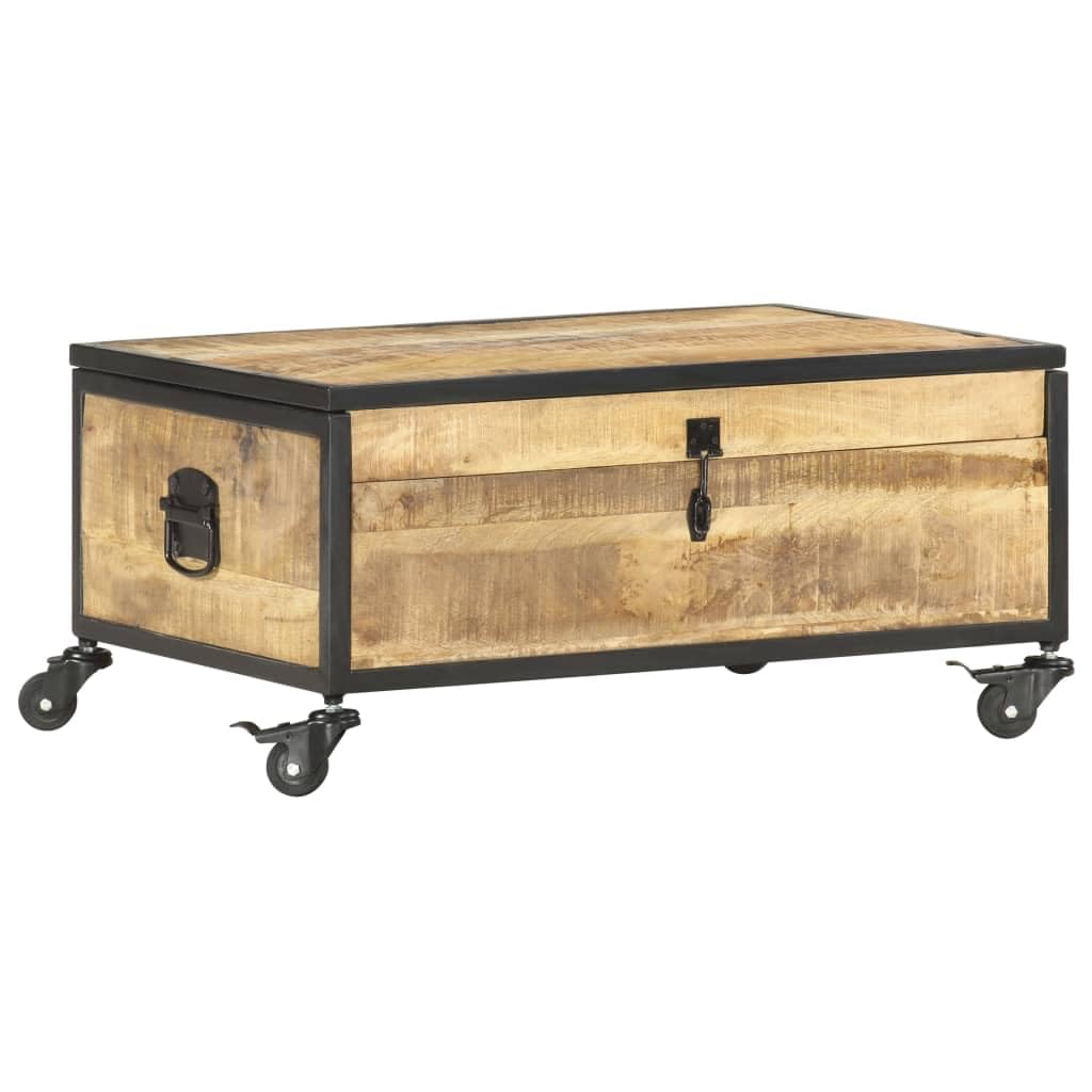 Solid Mango Wood Coffee Table with Wheels - Rectangular Brown Rustic Living Room Furniture - Large Storage Space, Easy Assembly & Durable Design for Home, Office or Outdoor Use