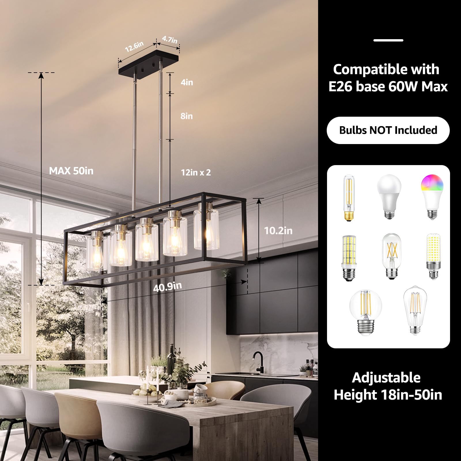 5-Light E26 Kitchen Island Lighting - Farmhouse Dining Room Chandelier with Clear Glass Shades, Adjustable Height Black & Silver Rectangle Pendant Light for Kitchen Counter, Dining Table, Breakfast Nook, and Bar