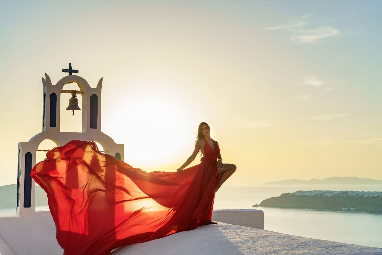 Elegant Long Satin Flying Dress with Train for Women - Perfect for Photoshoots, Baby Showers & Santorini Vacations | Flowy Maxi Dress for Special Occasions & Beach Weddings