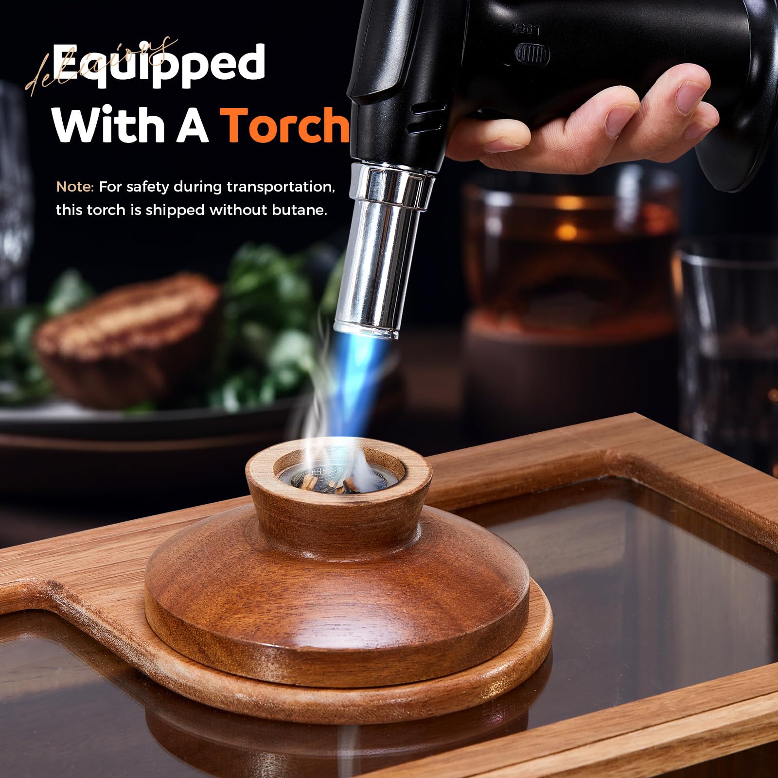 Premium Cocktail Smoker Kit - Whiskey & Bourbon Smoking Gun Set with Wood Chips, Smoking Box & Food Tray - Perfect for Old Fashioned Cocktails & Gourmet Food - Ideal Gift for Men & Home Bartenders (Butane-Free)