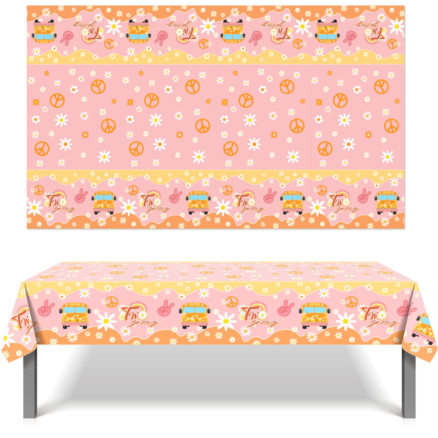 Groovy Daisy Rainbow Hippie Party Tablecloth - Retro Plastic Table Cover for Birthday Decorations, Girls 2nd Birthday, Outdoor Picnic & Indoor Celebrations