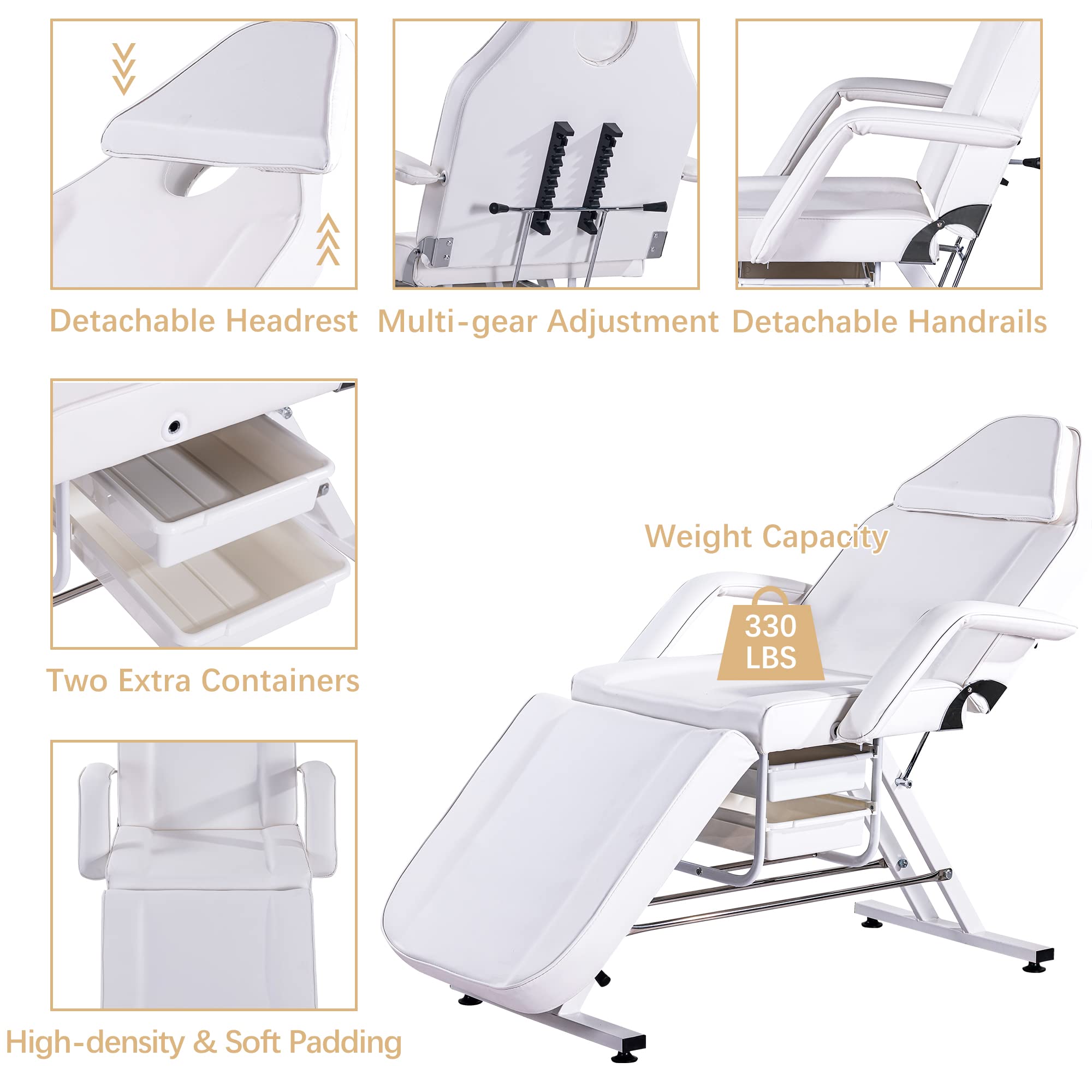 Premium 3-Section Hydraulic Facial Bed - Adjustable Massage Chair & Esthetician Table with Dual Trays for Salon, Tattoo & Spa | Multi-Purpose Beauty Equipment with Stool | Perfect for Professional Treatments & Client Comfort (White)