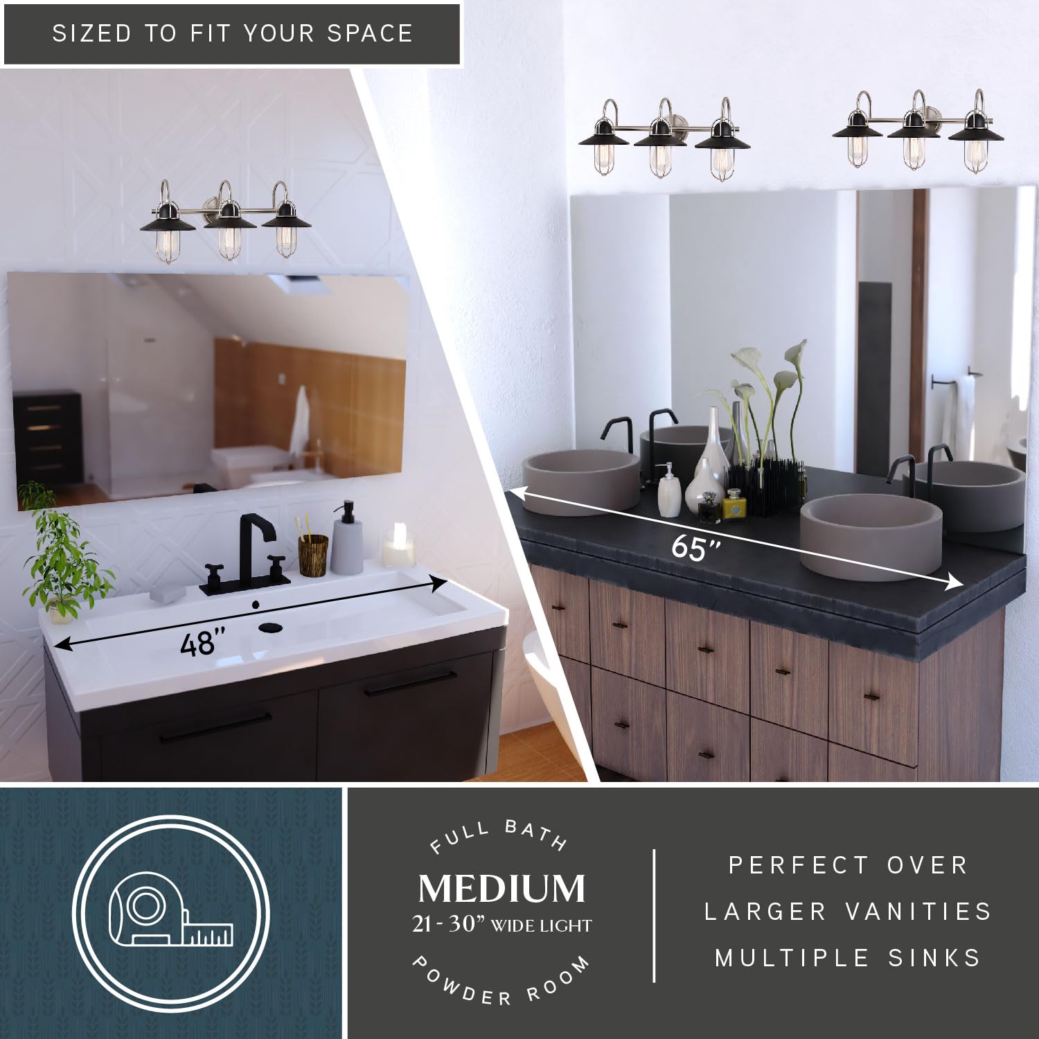 Galena 3-Light Matte Black & Nickel Coastal Bathroom Vanity Light Fixture - Perfect for Beach House, Coastal Cottage & Modern Bathroom Lighting