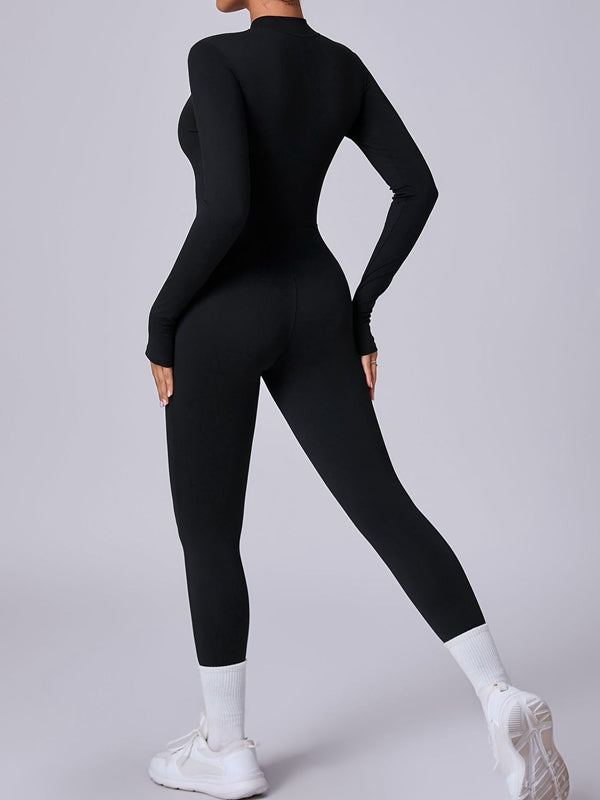 ZASUWA Women's Zipper Thumbhole High-Waist Jumpsuit - Slimming Bodysuit for Workout, Yoga & Casual Wear