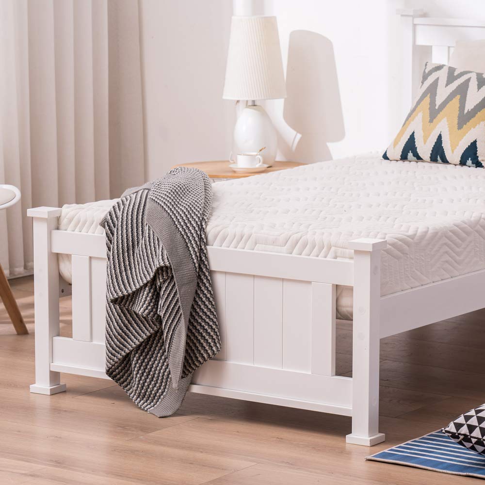 Bonnlo Twin Size Solid Wood Platform Bed Frame with Headboard - No Box Spring Needed, Wood Slat Support Mattress Foundation in White - Perfect for Small Bedrooms, Guest Rooms & Dorm Rooms